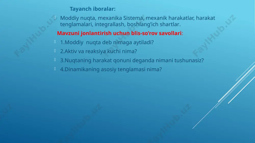 va qarama-qarshi yo’nalgan boshqa fk’ ichki kuch mavjud. bundan ichki kuchlar uchun ikkita ajoyib xossa kelib chiqadi: barcha ichki kuchlarning bosh vektori nolga teng: ixtiyoriy markazga nisbatan ichki kuchlarning bosh momenti nolga teng: yoki koordinata o’qlariga proyeksiyalari: eslatma. bu tenglamalar muvozanat tenglamalari bo’lmasa ham, muvozanat tenglamalariga o’xshash, chunki ichki kuchlar sistemaning turli nuqtalariga yoki turli jismlariga qo’yilgan bo’ladi va bu nuqtalarning bir-biriga nisbatan harakatini keltirib chiqaradi. bu tenglamalardan biridan ichki kuchlar yaxlit deb qaralayotgan mexanik sistemaning harakatiga ta’sir ko’rsatmaydi. moddiy nuqtalar sistemasining massalar markazi. yaxlit deb olingan sistemaning harakatini o’rganish uchun massalar markazi deb ataluvchi geometrik nuqta kiritiladi va uning radius-vektori quyidagicha topiladi , bunda m – butun sistemaning massasi: yoki koordinata o’qlariga proyeksialari: massalar markazining formulalari og’irlik markazining formulalariga aynan o’xshash. lekin massalar markazi tushunchasi umumiyroq tushuncha bo’lib, tortishish kuchlari va og’irlik kuchi bilan aloqasi yo’q. ma'ruza 6 (davomi 6.2) 17 sistema massalar markazining harakati haqidagi teorema – n …