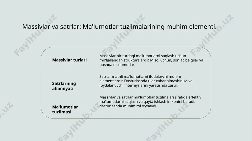 ishi dasturiy ta'minotda massivlar va satrlar ko'plab misollar orqali ko'rsatiladi, bu esa ularning amaliy ishlatilishini yanada tushunarli qiladi. 3 kelajakdagi o'rni massivlar va satrlar dasturlash va ma'lumotlar tahlilida kelajakda ham muhim ahamiyatga ega bo'ladi, bu esa ularni o'rganishni talab qiladi. e'tiboringiz uchun rahmat! /docprops/thumbnail.jpeg