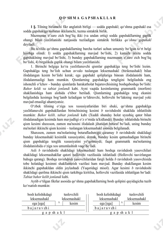 doshi shaklida ishlatilishi mumkin: bahor kelib, tabiat jonlandi kabi (xuddi shunday holat uyushiq qator bilan ifodalanadigan kesimda ham mavjudligi o‘z o‘rnida ta'kidlandi). bunday ishlatishda birinchi qism kesimi shaxs­son, zamon ma'nosini ifodalash jihatidan betaraf bo‘ladi, uning bunday ma'nolari ikkinchi qism kesimi – tuslangan leksemashakl asosida belgilanadi. shaxs­son, zamon ma'nolarining betaraflashuviga qaramay ­b ravishdoshi shaklidagi bunday leksemashakl kesimlik xususiyatini, demak, bunday kesim qatnashadigan birinchi qism gapshaklga tenglik xususiyatini yo‘qotmaydi; faqat grammatik ma'nolarning ifodalanishida o‘ziga xos umumlashish voqe bo‘ladi. asli ­b ravishdoshi shaklidagi leksemashakl ham boshqa ravishdosh yasovchilari shaklidagi leksemashakllar qatori hollovchi vazifasida ishlatiladi (hollovchi tasvirlangan bahsga qarang). boshqa ravishdosh yasovchilaridan farqli holda ­b ravishdosh yasovchisida tobe holatdagi kesimni shakllantirish vazifasi ham mavjud. bunday shakllangan kesim ikkinchi gapshakldan oldin joylashadi (yuqoridagi misol). agar kesimi ­b ravishdoshi shakli​dagi qurilma ikkinchi qism tarkibiga kiritilsa, hollovchi vazifasida ishlatilgan bo‘ladi: тabiat bahor kelib jonlandi kabi. aytib o‘tilgan fikrlar asosida qo‘shma gapshakllarning bosh qolipini quyidagicha tuzib ko‘rsatish mumkin: …