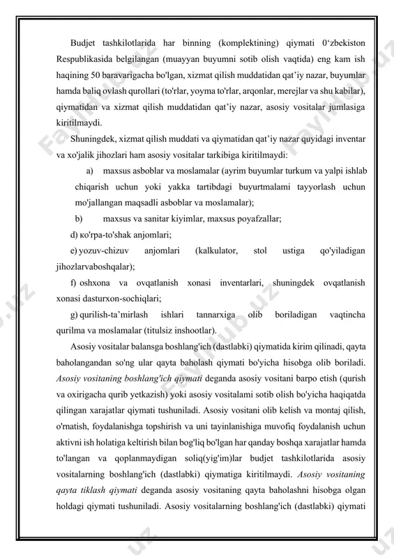 te’molchilargacha bir joydan boshqa joyga o'tkazish uchun kerakli bo'lgan tegishli barcha oraliq moslamalari bilan birga transmissiyalar va truboprovodlar hisobga olinadi. 013-«mashinalar va uskunalar» subschyotida kuchlanish mashina-lari va uskunalar, ish mashinalari va uskunalar, o'lchov asboblari, mun-tazamlashtirib turuvchi asboblar va qurilmalar, laboratoriya uskunalan, meditsina uskunalari, boshqa mashinalar va uskunalar. boshqa mashinalar va uskunalarga: stadionlar, sport maydonlari va sport binolari jihozlari; o'quv yurtlaridagi kabinetlar va ustaxonalarning jihozlari; musiqa asboblari, videoapparaturalar, videoikkiliklar, videopleyerlar, televizorlar, radioapparaturalar, uyali aloqa apparatlari, radiotelefonlar, peydjerlar, ilmiy ishlar bilan shug'ullanuvchi ilmiy-tadqiqot tashkilotlari va boshqa tashkilotlaming maxsus uskunalari, ats jihozlari, o‘t o'chirish mashinalari, o‘t o‘chiruvchi avtotsisternalar, o‘t o‘chirishda ishlatiladigan mexanik narvonlar, kir yuvadigan va tikuv mashinalari, muzlatkichlar, chang yutgichlar, konditsionerlar, mikroto'lqinli pechkalar va boshqalar kiradi. 015-«transport vositalari» subschyotida odamlarni va yuklami tashishga mo‘ljallangan barcha turdagi vositalar hisobga olinadi. 016-«asboblar, ishlab chiqarish gihozlari bilan birga) va xo‘jalik inventarlari» subschyotida uskunalar, ishlab chiqarish inventarlari va jihozlari hamda xo‘jalik inventarlari hisobga olinadi. 017-«ishchi va …