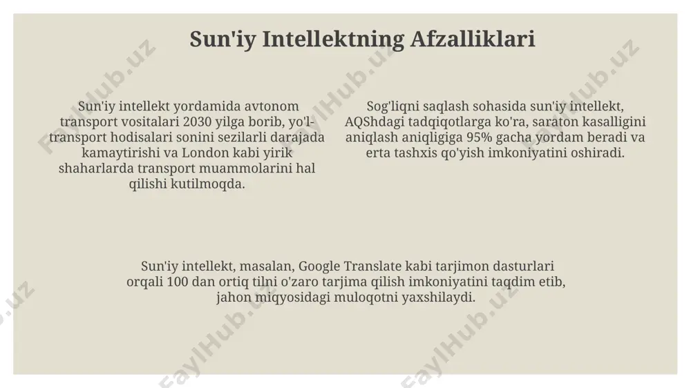 i orqali maʼlumotlar bazasini yaratish loyihasi samarqand shahrida boshlandi. oʻzbek tilida ttqning rivojlanishi, jumladan, soʻz birikmalari tahlili va mashina tarjimasida 2020-yildan keyin sezilarli oʻsish kuzatildi, bu esa toshkentdagi olimlar tomonidan amalga oshirilgan tadqiqotlar natijasidir. tabiiy tilni qayta ishlash (ttq) sohasida google tomonidan 2017-yilda yaratilgan bert algoritmi, matnni tushunishda inqilob qildi va dunyoning 100 dan ortiq tilida qoʻllanilmoqda. sun'iy intellektning ta'rifi sun'iy intellekt (si) 20-asrning o'rtalarida paydo bo'lgan va 2010-yillarda katta ma'lumotlar va chuqur o'rganish texnologiyalari yordamida tez rivojlanayotgan murakkab hisoblash tizimlarini o'z ichiga oladi. dunyoning turli burchaklaridagi, jumladan, aqsh va xitoydagi olimlar sun'iy intellektning rivojlanishiga 10 milliard dollardan ortiq mablag' sarflashmoqda, bu esa texnologiyaning tez sur'atlarda rivojlanishiga olib keladi. si tizimlari, masalan, google tomonidan ishlab chiqilgan algoritmlar orqali, 1 millionlab tasvirlarni tahlil qilib, ob'ektlarni aniqlash va tasniflash kabi vazifalarni bajarish imkoniyatiga ega. neyron tarmoqlari o'zbekistonda ham, neyron tarmoqlar texnologiyalaridan foydalanib, tahlil qilish ishlari olib boriladi, masalan, 2023-yilda toshkent shahrida o'tkazilgan …