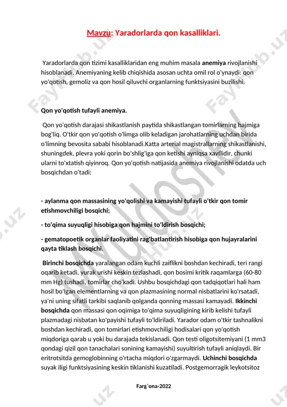 gemoglobinning o'rtacha miqdori o'zgarmaydi. uchinchi bosqichda suyak iligi funktsiyasining keskin tiklanishi kuzatiladi. postgemorragik leykotsitoz va trombotsitoz deb ataladigan narsa rivojlanadi. periferik qonda sezilarli retikulotsitoz, ba'zida eritroblastlar paydo bo'ladi, bu eritropoezning kuchayishi, shuningdek polikromatofiliya va bitta eritrotsitda gemoglobin darajasining pasayishi namoyon bo'ladi. qon yo'qotish tufayli anemiya yara infektsiyasining rivojlanishiga sabab bo`ladi. xususan, to'qimalarning anoksiyasi anaerob infektsiyaning hayotiy faoliyati uchun sharoit yaratadi. yara infektsiyalanganida, to'liq gemostaza qaramay, anemiya ko'pincha kuchayadi. qon ketishi to'liq to'xtatilgandan so'ng yaradorda progressiv anemiya holatida anemiya kursining ikki varianti sodir bo'ladi: ba'zi hollarda periferik qonda retikulotsitlar sonining ko'payishi bilan eritropoezning jonlanishi kuzatiladi. suyak iligidagi eritroblastlar soni (40% gacha), boshqalarda esa periferik qonda retikulotsitlarning yo'qolishi va suyak iligidagi eritroblastlar sonining keskin kamayishi (5% gacha) bilan gematopoez bostiriladi. anemiyaning giperregenerativ turi odatda gemolizning kuchayishi tufayli kuzatiladi. shu bilan birga, eng aniq anemiya ta'siri anaerob infektsiyaga tegishli, chunki patogen anaeroblarning toksinlari aniq gemolitik xususiyatlarga ega. anaerob infektsiyani qo'shgandan keyin anemiya juda …