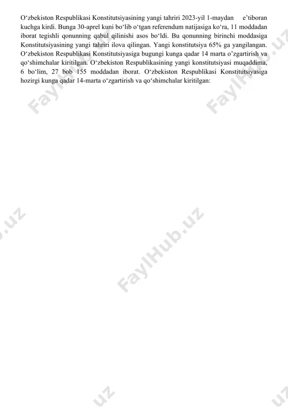 li markazlashgan davlat tuzib, xalq turmush tarzini yaxshilash uchun kurashgan va bir necha islohotlar o‘tkazgan. “kuch – adolatdadir” degan aqida amir temurning doimiy shiori, oldiga qo‘ygan masala va rejalarining kaliti hisoblangan. xalqaro konstitutsiyaviy tajribalarni oʻrganish, xalqaro hujjat qoidalarini inobatga olish, milliy davlatchilik anʼanalardan kelib chiqish natijasida yaratilgan oʻzbekiston respublikasining konstitutsiyasi (1992-yil 8-dekabrda qabul qilingan) jahon andozalariga mos boʻlib, xalqaro talablarga javob beradi. 12-chaqiriq oʻzbekiston respublikasi oliy kengashining 11-sessiyasida qabul qilingan. „oʻzbekiston respublikasining davlat mustaqilligi toʻgʻrisida“gi konstitutsiyaviy qonun (1991-yil 31-avgust) ushbu konstitutsiya uchun asos boʻlib xizmat qilgan. mustaqil oʻzbekistonning birinchi konstitutsiyasini yaratish gʻoyasi ilk bor 1990-yil 20-iyunda boʻlib oʻtgan mamlakat oliy kengashining 2-sessiyasida ilgari surilgan. ushbu sessiya prezident islom karimov raisligida 64 kishidan iborat konstitutsiyaviy komissiyani tuzish toʻgʻrisida qaror qabul qilgan. uning tarkibiga deputatlar, qoraqalpogʻiston respublikasi va viloyatlarning vakillari, davlat hamda jamoat birlashmalari, korxonalar va xoʻjaliklarning rahbarlari, huquqshunos olimlar va mutaxassislar kirgan. o‘zbekiston respublikasi konstitutsiyasining yangi tahriri 2023-yil 1-maydan e’tiboran kuchga …