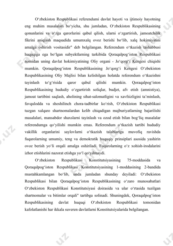 blikasi konstitutsiyasining 75-moddasida va qoraqalpog‘iston respublikasi konstitutsiyasining 1-moddasining 2-bandida mustahkamlangan bo‘lib, unda jumladan shunday deyiladi: o‘zbekiston respublikasi bilan qoraqalpog‘iston respublikasining o‘zaro munosabatlari o‘zbekiston respublikasi konstitutsiyasi doirasida va ular o‘rtasida tuzilgan shartnomalar va bitimlar orqali" tartibga solinadi. shuningdek, qoraqalpog‘iston respublikasining davlat huquqi o‘zbekiston respublikasi tomonidan kafolatlanishi har ikkala suveren davlatlarni konstitutsiyalarida belgilangan. hozirgi kunda dolzarb bo‘lib turgan masalalardan biri- o‘zbekiston bilan qoraqalpog‘iston respublikalari o‘rtasidagi turli sohalarda ayniqsa iqtisodiy masalalarda o‘zaro munosabatlarni keng tarmoqli rivojlantirishga erishishdir. bozor iqtisodiyotiga o‘tish jarayoni xalq xo‘jaligining to‘la-qonli ishlashini ta’minlash uchun muayyan iqtisodiy poydevor qurishni va uni mustahkamlashni talab qiladi. bu esa xususiylashtirishni jadallashtirish va mulkchilikning barcha shakllarini amalga tadbiq qilish imkoniyatlarini yaratish majburiyatini qo‘yadi. buning uchun birinchi navbatda huquqiy asoslarni mustahkamlash zarur bo‘ladi. talab darajasida bo‘lmagan normativ hujjatlarni bozor munosabatlari extiyojlaridan kelib chiqib, unga moslashtirish yoki yangilash, davlat qurilishiga oid qonunlar yaratish joiz, ya’ni, qoraqalpog‘iston o‘z huquqiy bazasini mustahkamlashi va rivojlantirishi muhim masaladir. bunda milliy va …