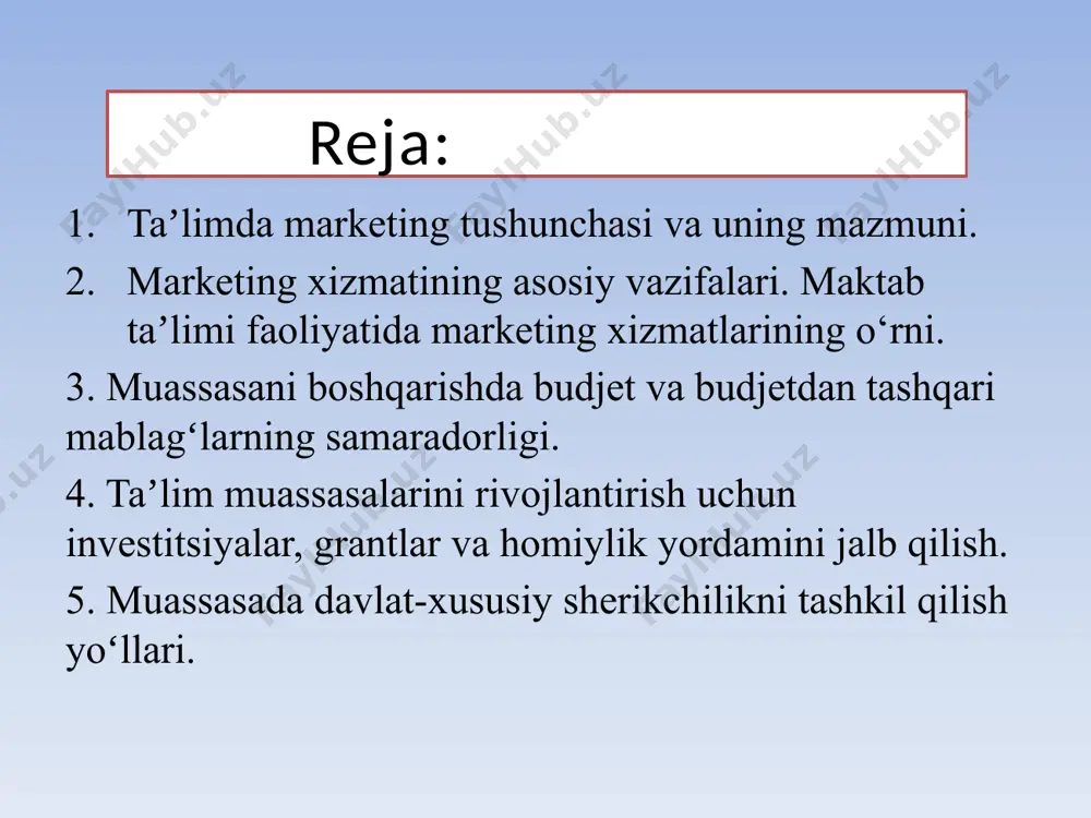 mentini ishlab chiqarish sohasini rivojlantirish marketing funksiyalari marketing tadqiqotlari narxni tashkil etish funksiyasi marketing – menejment funksiyasi tovarni siljitish sotish va taqsimot funksiyasi marketingning asosiy tamoyillari: bozorni o‘rganish bozorga moslashish bozorga ta’sir eta bilish marketingni asosiy tamoyillari maktab taʼlimi faoliyatida marketing xizmatlarining o‘rni o‘zbekiston respublikasida amalga oshirilayotgan iqtisodiy islohotlarning asosiy maqsadi hozirgi davrda iqtisodiyot tarmoq va sohalarida faoliyat olib borayotgan barcha tur va shakldagi korxonalarning barqaror rivojlanishiga qaratilgandir. shu jihatdan, iqtisodiyot tarmoqlarini modernizatsiyalash, diversifikatsiyalash, moliyalashtirish, investitsiyalash, zamonaviy texnika va raqamli texnologiyalarni jalb etish barobarida ular faoliyatida marketing xizmatlari faoliyatini takomillashtirish har qanday soha, shu jumladan maktablar oldida turgan hamda o‘z yechimini kutayotgan dolzarb vazifalardan biri hisoblanadi. bozorni egallash(mehnat bozori) maktab taʼlimining asosiy maqsadlari xizmat ko’rsatish orqali ijtimoiy sohani rivojlantirish xodimlar salohiyati va bilimini mustahkamlash sifatli kadrlar yetkazib berish moliyaviy barqarorlikni saqlash нарх турлари лимит демпинг нуфузли миллий арзонлаш тирилган жахон яширин эркин стандарт контракт чакана узгарувчан мувозанат muassasani boshqarishda budjet …