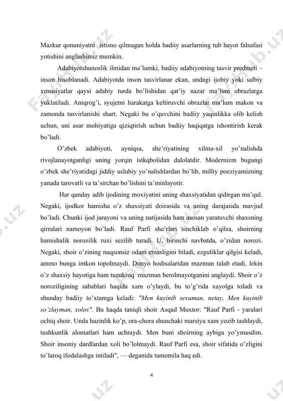 am ijo​dining mohiyatini aks ettiradi. u muayyan bir tuzum yoki tizimga emas, umuman, dunyoning kirligiga, nohaqlikka muxolifatda turadi. inson ko’nglidagi kirlik, aldov va nopokliklarga qarshi borishga urinadi. shoir erkin ruh egasi bo’lgani uchun ham har qanday qolipga, tartibga, intizomga o’z-o’zidan qarshi bo’laveradi. ijtimoiy intizom va tartib bilan shoir go’yo o’t bilan suvday bir-biriga ters. shoir murosasizligi shundan. uningcha, ijodkor uchun murosa, qoniqish o’lim demakdir. rauf parfi alohida olingan bir insonning ichki olamini tasvirlashga intiladi. u o’zini tanimoqqa urinayotgan, o’zli​gini topishga intilayotgan kishilar ruhiyatini chizadi. shoir olam ham, odam ham jo’n emasligini yaxshi bilganidan ularni jo’n tushungisi, izohlagisi, tasvirlagisi kelmaydi. r. parfi — hayot haqiqatlarini ko’rsatishdan ko’ra, ko’ngil haqiqatlarini, ruhiyat chinliklarini ifodalashga moyil. yuqoridagi fikrlardan kelib chiqib aytish mumkinki bitiruv malakaviy ishning o’zida shoir she’riyatidagi nozik qirralarni zamon va makon bilan uyg’unlikda aks ettirilish ishning o’ziga xos yangiligini belgilaydi. bitiruv malakaviy ishning o’rganilishi, maqsad va vazifalari. rauf parfi ijodi o’zbek adabiyotshunoz …