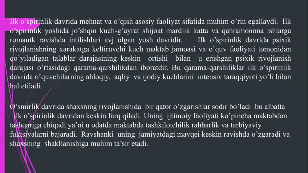 anning bilishdagi ahamiyatiga (uning bilim doirasini qanchaliik kengaytirishga qanchalik qiziqarli bo’lishiga zarur bilimlar berishga noma’lum narsalarni qanchalik ochib bera olishga); -fanning ijtimoiy ahamiyatiga mamlakatning ilmiy ijtimoiy madaniy va xo’jalik hayotida bu fanning roliga; -mazkur o’quvchi uchun bu fanning amaliy ahamiyatiga (belilangan ixtisos bilan bog’liqligi foydali malaka va ko’nikmalarni egallash imkoniyatiga); -muayyan faning yaxshi o’qitilishiga asoslanadilar. n.d.levitov o`spirinlik davri va kasb tanlash kasb tanlash ijtimoiy foydali mehnatga o’z hisasini qo’shish zarurligini anglash natijasida kasbga yo’nalish. proforientatsiya - yoshlarni hohish istaklari qiziqishlari qobiliyatlariga qarab xalq xo’jaligi mutaxassislarga bo’lgan ehtiyojlaridan kelib chiqqan holda psixologik-pedagogik va tibbiy kasbga yo’naltirish. psixolog ye.a.klimov tomonidan o’spirinlarda kasb tanlash jarayonida uchraydigan xatoliklarni quyidagilar deb ajratib ko’rsatadilar: -biror bir kasbning nufuzli ekanligiga bahs borishdagi dogmalarga asoslanish -kasbga uzoq va noaniq tasavvurga binoan baho berish -biror kasb egasi bo’lmish kishiga nisbatan ijobiy yoki salbiy munosabatda bo’lishni tegishli kasbga ko’chirish -kasbning oddiy kundalik tomonini nazar pisand qilmasdan uning tashqi tomoniga sirtiga …