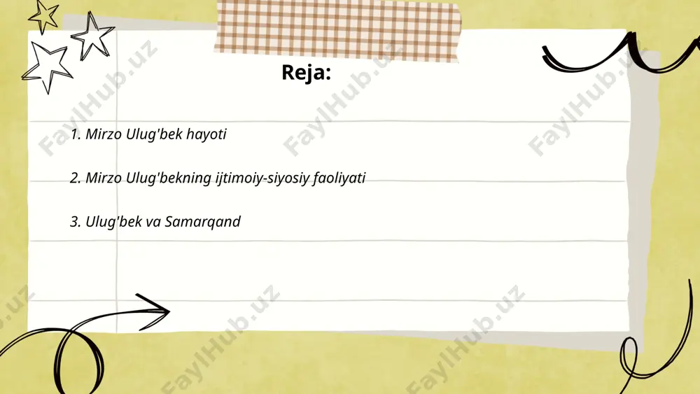 bservatoriyada samarqand stoliga ega bo'lib, u 1018 yulduzni tasniflagan. ulug'bek universitetlari, madrasa va boshqa ta'lim muassasalarini ham rivojlantirdi. 1447-yilda otasi shohruh vafotidan so'ng, ulug'bek movarounnahr hukmdori bo'ldi. ammo 1449-yilda o'g'li abdullatif tomonidan o'ldirildi. ulug'bekning matematik va astronomik ishlari, xususan "zij al-ko'ragoniy", hozirgi kunlarda ham qadrlanadi. samarqand esa uning merosi tufayli ilmiy markaz sifatida tanildi. ... t.me/slaydai_bot 4. ulug'bekning ilmiy merosi ulug'bekning ilmiy merosi markaziy osiyo ilm-fanining tarixida juda muhim o'rin tutadi. uning samarqanddagi ulug'bek rasadxonasi 1428-yilda ochilgan va bu yerda amalga oshirilgan astronomik kuzatishlar nafaqat mintaqa, balki dunyo ilm fani rivojiga katta hissa qo'shgan. 1437-yilda yozilgan "zij-i ko'ragoniy" asari orqali 1018 yulduzning joylashuvi aniq hisoblangan. ulug'bekning o'zi gurgoniy yil taqvimini ishlab chiqishda katta rol o'ynagan va bu taqvim 365 kun va 6 soatdan iborat bo'lgan. shuningdek, u trigonometrik jadvallarni takomillashtirishga katta hissa qo'shgan. uning asarlari keyinchalik yevropa ilm-faniga ham ta'sir ko'rsatgan va ko'plab olimlar tomonidan qadrlangan. ... t.me/slaydai_bot mirzo ulug'bek, …