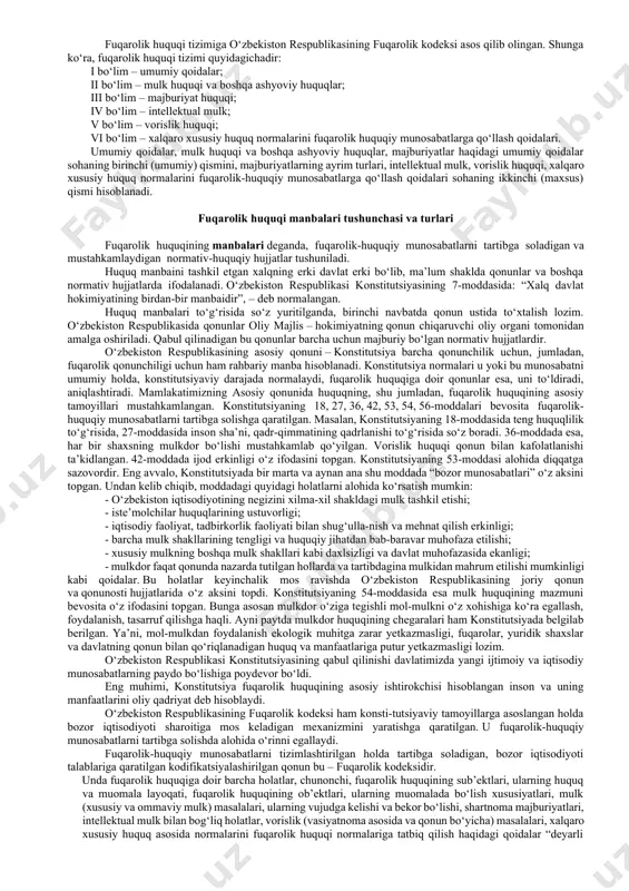 huquqi va boshqa huquqlarni belgilaydi. mulkiy munosabatlar bilan bog‘liq bo‘lmagan shaxsiy munosabatlarga fkning 100-moddasida ko‘rsatilganidek, fuqaro o‘zining sha’ni, qadr-qimmati va ishchanlik obro‘siga putur yetkazuvchi ma’lumotlarni tarqatgan shaxs basharti, ularning haqiqatga to‘g‘ri kelishini isbotlay olmasa, sud orqali raddiya talab qilish huquqi va shu kabi boshqa huquqlar misol bo‘ladi. mulkiy xarakterda bo‘lmagan shaxsiy munosabatlar shaxsning o‘zi bilan bevosita bog‘liq bo‘lgan va undan begonalashtirilmaydigan huquqlardir. bunday huquqlar jumlasiga fuqaroning ismiga bo‘lgan huquqi (fkning 19-moddasi), o‘z tasviri (sur’ati) ning daxlsizligiga bo‘lgan huquq, mualliflik huquqi (fkning 1046-moddasi), mualliflik nomiga bo‘lgan huquq (fkning 1051-moddasi) va hokazolar kiradi. ijtimoiy munosabatlarni tartibga solishda fuqarolik huquqining o‘ziga xos uslubi va xususiyatlari bor, bu bilan u o‘ziga yondosh bo‘lgan boshqa huquq sohalaridan ajralib turadi. fuqarolik huquqi huquqning boshqa sohalari kabi o‘zi tartibga soladigan huquqiy munosabatlarga, ularning ishtirokchilari xatti-harakatlariga ta’sir ko‘rsatish maxsus vositalar va usullar yig‘indisidan, ya’ni, o‘z uslubidan foydalanadi. qo‘riqlash funksiyasini bajaruvchi huquq sohalaridan (jinoyat huquqi, ma’muriy huquq va sh.k.) …