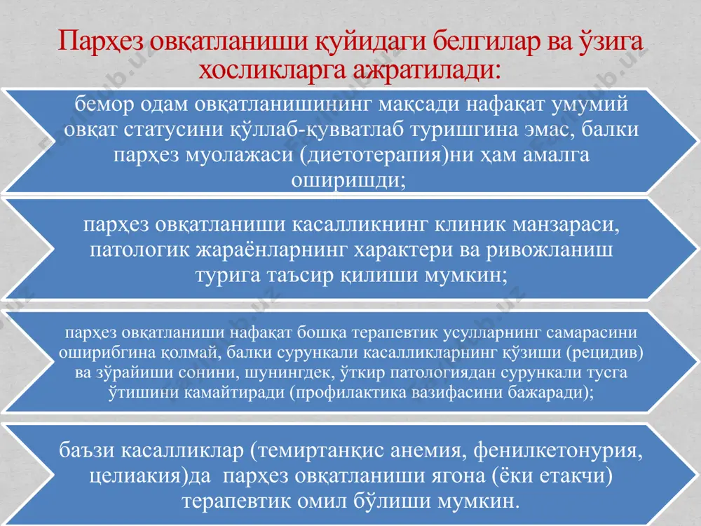 –10 % тушлик –30 % толмач ой – 10 % кечки таом –20 % 2 кечки таом –10 % парҳез столларининг номенклатураси парҳез столи рақами қўллаш учун кўрсатмалар (касалликлар) тавсия этиладиган озиқ – овқат маҳсулотлари таъқиқланадиган озиқ – овқат маҳсулотлари 1а ошқозон ва ўн икки бармоқли ичак яраси касаллиги зўрайишининг дастлабки 10 ... 14 куни, ўткир гастрит (сурункали гастритнинг зўрайиши)да касалликнинг дастлабки кунларида (кислоталилик сақланиб қолган ёки ошганда) асалли ширин чой, наъматак дамламаси, нордон бўлмаган мевалар кисели ва шарбатлари, тузланмаган сариёғ, ёрмали бутқалар, ёғсиз гўшт шўрвалари, қайнатилган балиқ ва товуқ гўштидан тайёрланган таомлар, сутли бутқалар, юмшоқ қайнатилган тухум ёки буғда пиширилган омлет, юмшоқ творог, сабзи ва картошка пюреси, нордон мевалар, қовурилган таомлар, янги нон. 1б ошқозон ва ўн икки бармоқли ичак яраси касаллиги зўрайишидан кейинги кунлар (учинчи ҳафтадан бошлаб), ўткир гастрит (сурункали гастрит зўрайиши)нинг кейинги кунлари (кислоталилик сақланиб қолган ёки ошганда) 1а парҳезга қўшимча равишда 60-80 гқуритилган оқ нон, қийма, …