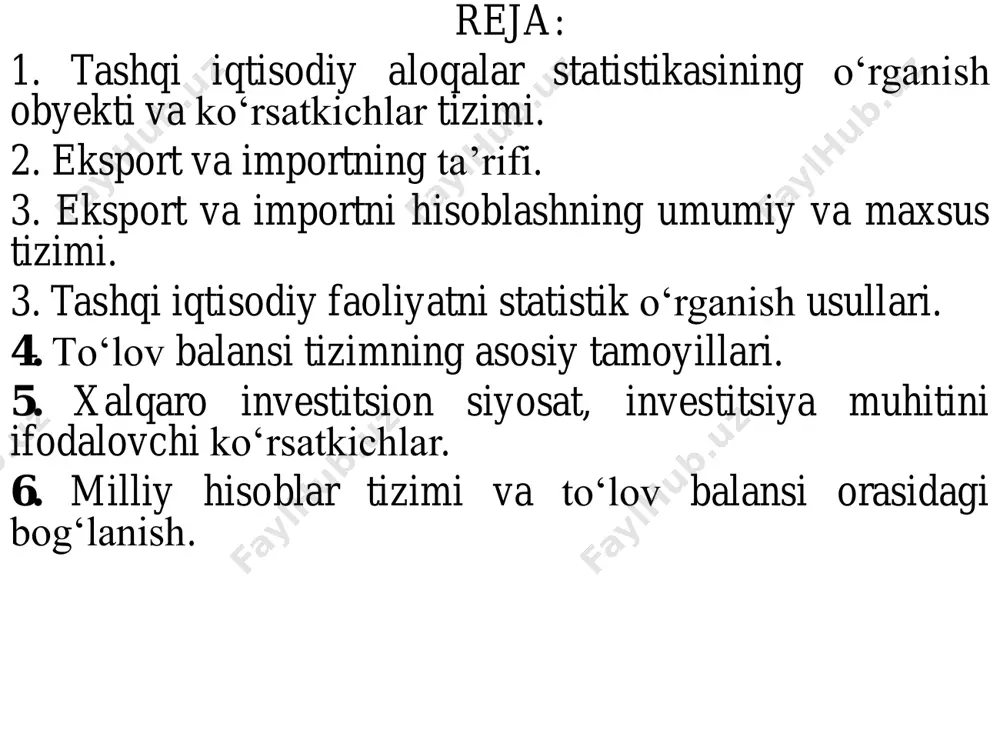 tirish sharoitida xalqaro iqtisodiy aloqalarni har tomonlama keng qamrovli ifodalovchi yangi statistik ko‘rsatkichlar tizimini ishlab chiqish. mamlakatimiz turli tarmoqlari iqtisodiy faoliyatini chet el mamlakatlari iqtisodiyoti bilan muvofiqlashtirish yordamida yuzaga keladigan iqtisodiy samaradorlik ko‘rsatkichlarini aniqlash va tahlil qilish. chet el mamlakatlari bilan iqtisodiy aloqalar samaradorligini oshirish manbalarini va omillarini aniqlash. 2018 yil yanvar-dekabr oylari yakunlariga ko'ra, respublikada tashqi savdo aylanmasi 33 815,3 mln.aqsh dollarini tashkil etib, o'tgan yilning shu davriga nisbatan 27,3 %ga o'sdi. shu jumladan, eksport hajmi 14 257,9 mln. aqsh dollarga (o'sish sur'ati 13,6 %) va import hajmi 19 557,4 mln. aqsh dollariga (o'sish sur'ati 39,6 %) yetdi. tashqi savdo saldosi minus 5 299,5 mln. aqsh dollarini tashkil qildi. respublika tashqi savdo aylanmasida yuqori ulushga ega bo'lgan 20 davlat (mln. aqsh dollari) o'zbekiston respublikasining ayrim hamkor davlatlar bilan tashqi savdo aylanmasi dinamikasi (mln. aqsh dollari) davlat nomi 2014 y. 2015 y. 2016 y. 2017 y. 2018 yil yanvar-dekabr xitoy …