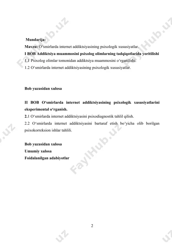 da nazarda tutilgan hollar mustasno. o‘rta maxsus, professional, oliy ta’lim xizmatlarini ko‘rsatuvchi hamda faoliyatini xabardor qilish tartibida amalga oshiradigan nodavlat ta’lim tashkilotlari mustaqil ishlab chiqilgan va litsenziyada yoki xabarnomada ko‘rsatilgan ta’lim dasturlari asosida ta’lim faoliyatini amalga oshirishi mumkin.[footnoteref:1] [1: o‘zbekiston respublikasining 2024-yil 7-sentabrdagi o‘rq-957-sonli qonuni tahririda — qonunchilik ma’lumotlari milliy bazasi, 09.09.2024-y., 03/24/957/0689-son) ] bugungi globallashuv va raqamli texnologiyalar asrida internet hayotimizning ajralmas qismiga aylanmoqda. ayniqsa, o‘smir yoshdagilar orasida internetga qaramlik holatlari ortib borayotgani tashvishli holatdir. bu esa yoshlarning ruhiy holati, hissiy barqarorligi va ijtimoiy moslashuv jarayoniga salbiy ta’sir ko‘rsatmoqda. o‘smirlarning ijtimoiy faoliyatdan chetlashishi, darsga qiziqishining pasayishi va real hayotdagi munosabatlardan uzoqlashuvi internet addiktsiyasining asosiy salbiy oqibatlaridandir. shu sababli, ushbu muammoning psixologik xususiyatlarini o‘rganish, uni oldini olish va samarali psixoprofilaktika chora-tadbirlarini ishlab chiqish hozirgi davr uchun dolzarb vazifa hisoblanadi. bu esa sog‘lom avlodni tarbiyalash va sog‘lom ijtimoiy muhitni shakllantirishda muhim ahamiyat kasb etadi. kurs ishining maqsadi: oʻsmirlarda internet addiktsiyasining psixologik …