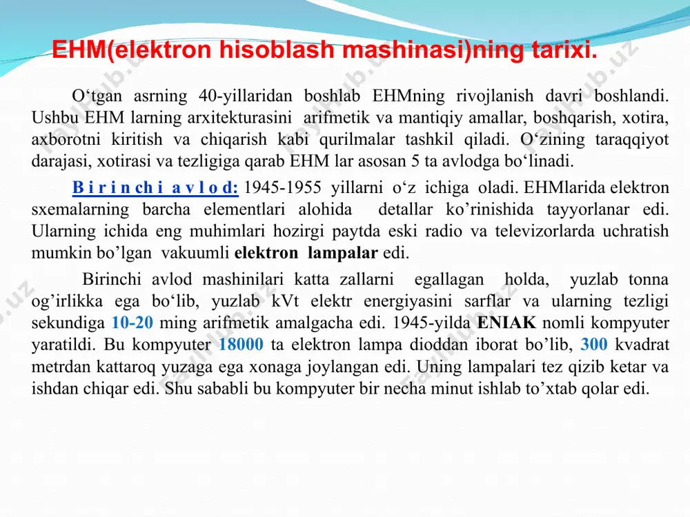 rni insonga tushunarli ko‘rinishda tasvirlaydi. klaviatura – kompyuter va kompyuter xotirasiga ma’lumotlarni kiritish. standart klaviaturalarda 101 yoki 109 ta klavish bo‘ladi. oldingi turlarida 86 ta bo‘lgan. vazifasiga ko‘ra klaviaturadagi klavishlar 6 guruhga bo‘linadi. bular: funksional (f1,f2,f3,…,f12) alifbo (a,b,c,d,…,z) yo‘nalishli (boshqarish strelkalari) raqamlar paneli (0,1,…,9) maxsuslashtirilgan (ctrl, shift,alt…) modifikatorlar ( pgup, pgdn, insert, delete…) sichqoncha- kompyuterga axborotlarni kiritishning koordinatali qurilmalari hisoblanadi. ular klaviaturaning o‘rnini to‘laligicha almashtira olmaydi. bu qurilmalar asosan ikki yoki uchta boshqaruv tugmachasiga egadir. sichqoncha sichqoncha printer - ma’lumotlarni qog‘ozga chiqaruvchi qurilma. barcha printerlar matnli ma’lumotlarni, ko‘pchiligi esa rasm va grafik ma’lumotlarni rangli ko‘rinishda qog‘ozga chiqaradi. printerlarning quyidagi turlari mavjud: matritsali purkovchi lazerli chop etish qurilmalari matritsali lazerli purkovchi skaner - kompyuterga matn, rasm, slayd, fotosurat ko‘rinishida ifodalangan tasvirlar va boshqa grafik axborotlarni avtomatik ravishda kiritishga mo‘ljallangan qurilmadir. ma’lumotlarni raqamli ko‘rinishga o‘giruvchi vositalar modem - telefon tarmog‘i orqali kompyuter bilan aloqa qilish imkonini beruvchi qurilmadir. internetga bog‘lanish vositalari kompakt …