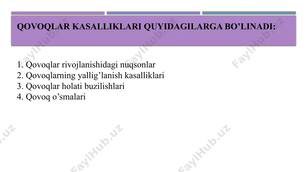 yuqori qovoqdan pastki qovoqqa o’tadigan soxada, yarim oysimon teri burmasi aniqlanadi. bu burma, ko’zning ichki burchagini membrana shaklida, qisman qoplaydi va shu bilan ko’z yorig’i konfiguratsiyasini o’zgartirib, ko’zlarga mongoloid ko’rinishini beradi. epikantus har doim ikki tomonlama bo’ladi. aksariyat hollarda, epikantus faqatgina kosmetik nuqson bo’lib, ko’zning ko’rish faoliyatiga ta’sir qilmaydi. biroq terining katta burmalari ko’ruv maydonini cheklashi va ko’rishni kamaytirishi mumkin. diagnostika: tashqi ko’rik, anamnez yig’ish, oftalmologik tekshiruvlar. davolash: jarrohlik usuli. qovoqning tug’ma kolobomasi (coloboma) - qovoq qirrasi nuqson. klinikasi: tekshiruv paytida qovoq qirrasi nuqsoni aniqlanadi, u turli xil o’lchamda, uchburchak yoki yarim doira shaklida bo’lishi mumkin, qovoqning barcha qavatlarini qamrab oladi va ko’pincha yuqori qovoqda uchraydi. u bir va ikki tomonlama bo’lishi mumkin. diagnostika: ko’ruv a’zosidagi boshqa nuqson yoki o’zgarishlarni aniqlash uchun, kompleks oftalmologik tekshiruv (viziometriya, biomikroskopiya,tonometriya, ko’zning ultratovush tekshiruvi, oftalmoskopiya va boshq.) o’tkazish lozim bo’ladi. davolash: davolashdan maqsad, qovoqlarga estetik ko’rinish berish va shox pardani zararlanishini oldini olishga qaratilgan …