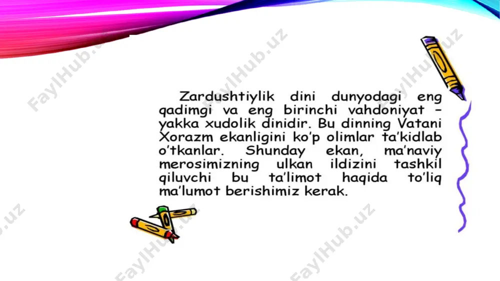 zardushtiylikning ilk tarqalgan joyi hisoblanadi. bu fikr tarafdorlarining dalili – birinchidan zardushtiylikning qadimiy eron hududlarida keng tarqalgani boʻlsa, ikkinchidan zardushtiylikning muqaddas kitobi sanalmish avestoning bizgacha yetib kelgan nusxasi qadimiy eron-pahlaviy tilida yozilganligidir. avesto (parfiyoncha: apastak – matn; koʻpincha „zend-avesto“, yaʼni „tafsir qilingan matn“ deb ataladi) — jahon madaniyatining, jumladan, markaziy osiyo va eron xalqlari tarixining qadimgi noyob yodgorligi; dinining muqaddas kitoblari toʻplami. zardusht diniga amal qiluvchilarning muqaddas kitobi sifatida yagona tangriga topinish shu taʼlimotdan boshlangan. bu kitob tarkibi, ifoda uslubi va timsollar tizimi bilan adabiy manbalarga yaqin turadi. „avesto“da tilga olingan joy nomlari (varaxsha, vaxsh)dan kelib chiqib, uning amudaryo sohillarida yaratilgani aniqlangan. shu asosda uning vatani xorazmdir degan qarash mavjud. „avesto“ oromiy va pahlaviy yozuvlari asosida yaratilgan maxsus alifboda dastlab toʻqqizta hoʻkiz terisiga yozilgan. ilk nusxalari asosida sosoniylar (miloddan avvalgi iv-viii-asr) davrida 21 kitob holida yigʻilgan, bizgacha ularning chorak qismi (4 dan 1 qismi) yetib kelgan. tiklangan matnga „zand“ nomi …