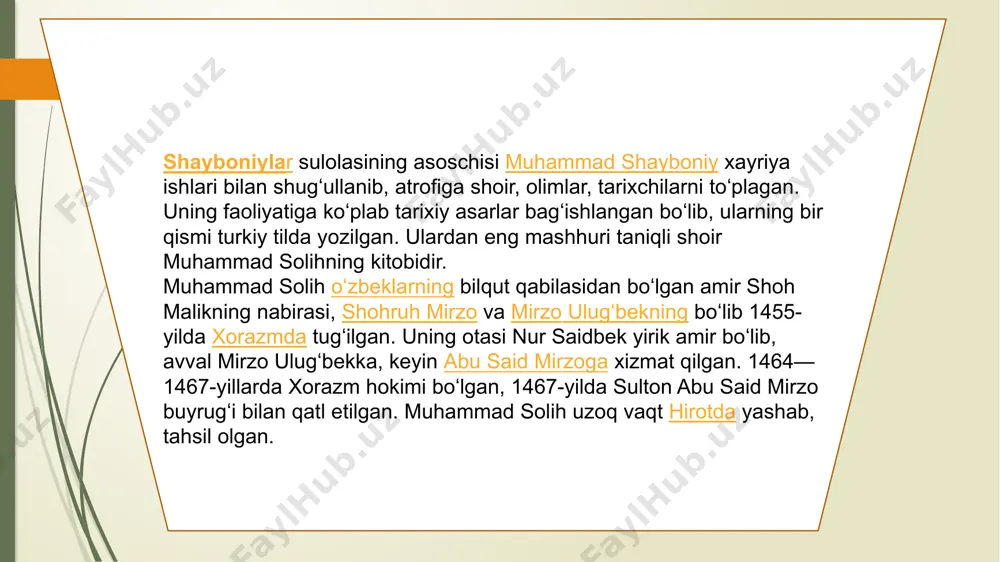 ning soʻnggi bobini tugatmay, ogʻir xastalikdan vafot etadi. u hikoyani 1644-yilgacha yetkazishga muvaffaq boʻladi. 1644-1663-yillar voqealarini qamrab olgan 9-bobning davomi anushaxonning topshirigʻiga koʻra boshqa tarixchi – mahmud ibn mulla muhammad urganchiy tomonidan yozilgan. xuddi shu tarixchi kitobning 1-4 bobini qaytadan yozgan[13]. “turklarning nasabnomasi”ning oʻzbek adabiyoti uchun ahamiyati shundaki, u chigʻatoy yozuvi an’anasining yuksak uslubidan foydalanmasdan, oʻzbeklarning umumiy shevasida yozilgan. muallifning oʻzi shunday yozgan edi: “hamma yaʼni olijanob va sodda xalq tushinsin deb men bu hikoyani turkiy tilda yozdim, asarimni besh yoshli bola ham tushuna oladi; tushunarli qilish uchun men chigʻatoy-turkiy, fors va arab tillaridan birorta ham soʻz qoʻshmadim”. a.k. borovkovning soʻzlariga koʻra, “bu yerda, siz koʻrib turganingizdek, bu yerda koʻproq uslublar kurashi — tarixchining oddiy uslubi va “chigʻatoy” yuqori uslubi haqida bormoqda yana bir xivalik tarixchi — shermuhammad munis xorazmiy (1778—1829) oʻzbeklarning yuz urugʻidan boʻlgan[16]. munis, avvalambor, atoqli oʻzbek shoiri va tarjimoni sifatida tanilgan. 1806-yilda eltuzarxon (1804-1806) buyrugʻi bilan xiva …