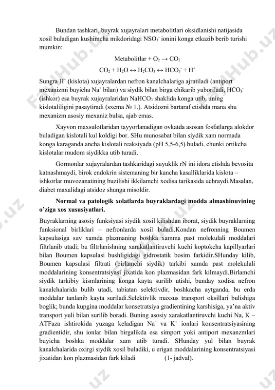 i izdan chikkan maxallarda xujayralardan tashkari suyuklikda ph uzgarib koladi (nafasga alokador atsidoz yoki alkaloz yuzaga keladi).hco3- konsentratsiyasi asosan metabolitik uzgarishlar natijasida uzgarishlar natijasida uzgaradi, masalan, keton tanalari konsentratsiyasi kupayganida kamayib koladi (metabolik atsidoz). buyraklar h+ ajralib chiqishini o’zgartirib, kislota-ishqorlar muvozanatini idora etishda qatnashadi. yukorida aytib o’tilganidek, iydikdagi ph 4,6 dan 8,0 gacha uzgarib turishi mumkin, ya’ni eng kislotali siydikdagi h+ konsentratsiyasi eng ishkoriy siydikdagi konsentratsiyasidan 1000 baravardan ziyod ortik buladi. vodorod ionlari yo dissotsiatsiyalanmagan kislotalar, masalan, atsetosirka kislota tarkibida yoki nh4+ tarkibida chikib turadi. bundan tashkari, buyrak xujayralari metabolitlari oksidlanishi natijasida xosil buladigan kushimcha mikdoridagi nso3- ionini konga etkazib berib turishi mumkin: metabolitlar + o2 → co2 co2 + h2o ↔ h2co3 ↔ hco3- + h+ sungra h+ (kislota) xujayralardan nefron kanalchalariga ajratiladi (antiport mexanizmi buyicha na+ bilan) va siydik bilan birga chikarib yuboriladi, hco3- (ishkor) esa buyrak xujayralaridan nahco3 shaklida konga utib, uning kislotaliligini pasaytiradi (sxema № 1.). …