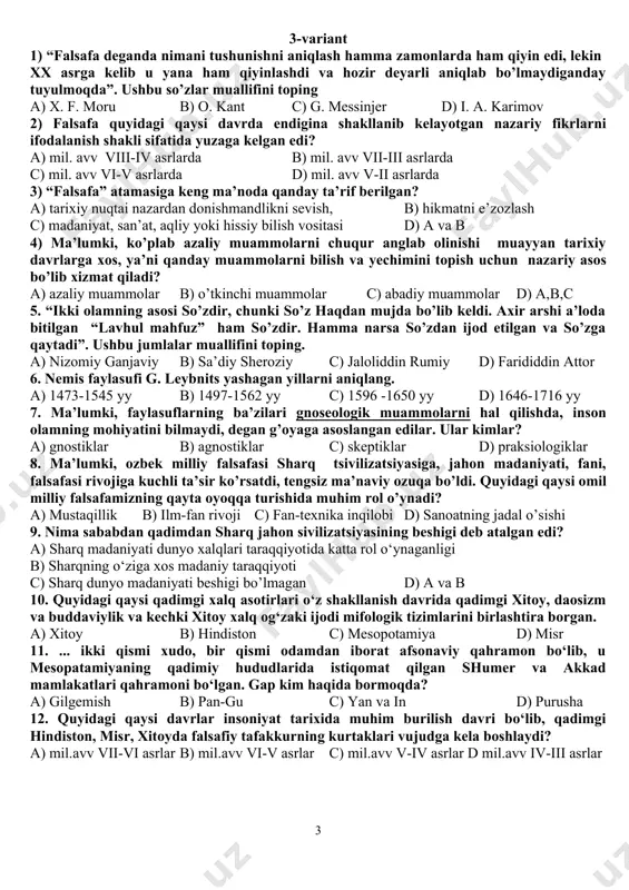 ushlar natijasida davlat chjou qabilasining qo‘liga o‘tgan? a) mil.avv xv asrda b) mil.avv xiv asrda c) mil.avv xiii asrda d) mil.avv xii asrda 20. quyidagi qaysi ta’limotning aqidasiga ko‘ra, tafakkurning maqsadi, insonni tabiat bilan «qo‘shilib ketishi» dadir, negaki, u uning tarkibiy qismidir? a) lamaizmning b) daosizmning c) zardo’shtiylikning d) konfutsiychilikning 21. quyidagi qaysi ta’limotda dunyodagi hamma narsa bir holatdan ikkinchi holatga o‘tib turadi a) moniy b) mazdak c) daosizm d) konfutsiy 22. abu nasr forobiy barcha moddiy va ruhiy narsalarni qanday atagan? a) aksidensiya b) substansiya c) “vujudi vojib” d) “vujudi mumkin” 23. quyidagi allomalardan qaysi biri yer yuzida odamlarning turli-tuman qiyofasini ilmiy asoslovchi geografik determinizm ta’limotini ilgari surgan? a) ibn sino b) beruniy c) forobiy d) ibn rushd 24. vujudi vojib kosmologik ongni ham tashkil etib olami kabirni o‘zida ifoda etadi. qolgan hamma narsalar imkoniy tarzda mavjud bo‘lib, zaruriy vujud – ollohdan kelib chiqadi. vujudi vojib va vujudi mumkin …
