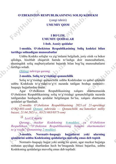 o‘zbekiston respublikasining soliq kodeksi — DOC