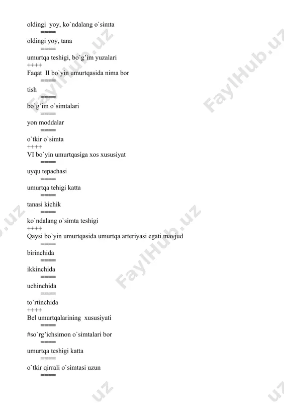 oylar qo`shilishidan ==== o`tkir o`simtalar qo`shilishidan ==== bo`g`im o`simtalari qo`shilishidan ++++ dumg`aza umurtqalarining ko`ndalang o`simtalari qo`shilishidan hosil bo`ladi ==== #lateral qirra ==== ko`ndalang chiziqlar ==== oraliq qirra ==== dumg`aza kanali yorig’i ++++ birinchi qovurg`a quyidagi yuzalari bilan farqlanadi ==== #yuqorigi va pastki ==== medial va lateral ==== oldingi va orqa ==== yuqorigi va oldingi ++++ faqat 1 qovurg`ada nima bor ==== #o`mrov osti arteriyasi egati ==== burchak ==== tana ==== boshcha ++++ qaysi qovurg`ada norvonsimon mushak tepachasi bor ==== # i qovurg`ada ==== x qovurg`ada ==== iii qovurg`ada ==== v qovurg`ada ++++ qaysi qovurg`alarda norvonsimon mushaklarning izlari bor ==== #i,ii ==== ii,v ==== vi,x ==== x,xi ++++ to’sh suyagi tanasi va dastasi qo`shilgan joyda nima bor ==== #burchak va egatcha ==== tepacha va o’yma ==== o’yma va burchak ==== egatcha va tepa ++++ to`sh suyagi dastasi va tanasi birikkan joyda nima bor ==== #burchak ==== bo’yinturuq kesmasi ==== xanjarsimon o’siq …