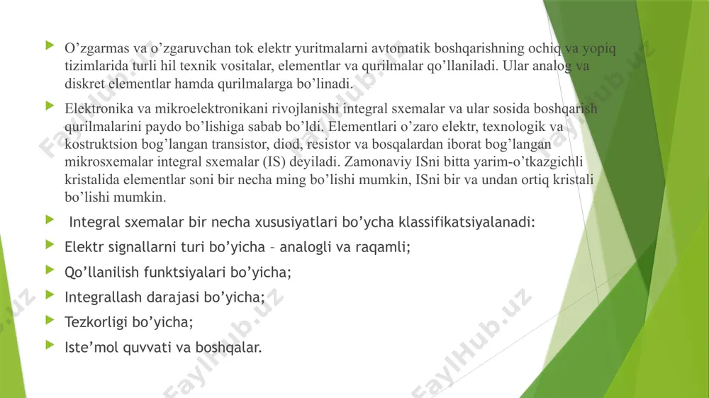 tic diapazonda nur tasir etganda o’kazuvchan bo’luvchi asbob. fototiristor – yorug’lik ta’sirida bir turg’un holatidan boshqa holatga o’tuvchi asbob. fototranzistor – ichki foto effect xodisasi asosida ishlovchi yarim-o’kazgichli asbob. optopara – bu nurlanuvchi va foto qabul qiluvchi elementlardan tashkil topgan optoelektron yarim-o’tkazgichli asbob operatsion kuchaytirgich - bu kata kuchaytirish koeffitsientiga ega bo’lgan, manfiy teskari aloqali o’zgarmas tok kuchaytirgichi. rostlagichlar rostlagichlarni quyidagi turlari mavjud: proportsioal п – rostlagich, integral и – rostlagich, aperiodic а – rostlagich, differentsial д – rostlagich, proportsional-integral пи – rostlagich, proportsional-differentsial пд – rostlagich, proportsional-integral-differentsial пид – rostlagich. trigger trigger – bu eng kehg tarqalgan raqamli boshqarish qurilmasi bo’lib, u ikkita turg’un holatga ega va tashqi boshqarish signali ta’sirida bir holatdan ikkinchisiga sakrab o’tishi mumkin. triggerlar asosida turli mantiqiy va hisoblash uzellar quriladi, ular generatsiya va xotira qurilmalari sifatida ham ishlatilishi umkin. ma’lumotlarni yozib olishi bo’yicha triggerlarni quyidagi tiplari mavjud: r-s – trigger, j-k – trigger, d …