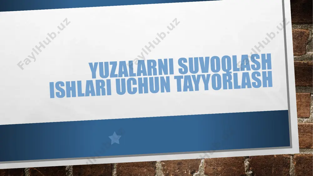 astarlash suvoqning mustahkam chiqishini ta’minlaydi. xavfsizlik qoidalariga rioya qilish ham muhim. sifatli natija uchun tayyorlov jarayonlari e’tiborsiz qoldirilmasligi kerak. foydalanilgan adabiyotlar qurilish ishlari texnologiyasi. o‘quv qo‘llanma. toshkent, 2021. qurilish materiallari va ularni ishlash usullari. darslik. toshkent, 2020. international journal of construction and building materials, 2019. o‘zbekiston respublikasi qurilish me’yorlari va qoidalari. image3.jpg image4.jpeg image5.jpeg /docprops/thumbnail.jpeg