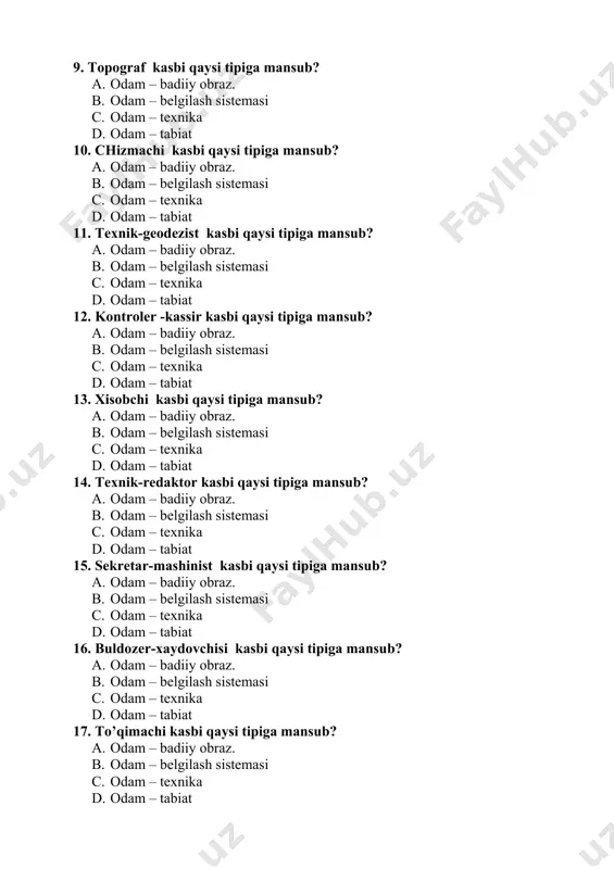 21. fanni o’qitishdan qanday maqsad ko’zlangan? a. texnik mehnat darslarida kasbga yo’naltirish; b. maishiy mehnat darslarida kasbga yo’naltirishq; c. mintaqa sharoitlarini, milliy an`analarini hisobga olib, umumta`lim maktablari uchun kasbga yo’naltirish tadbirlarini ishlab chiqish; d. bitiruvchi sinf o’quvchilarining bo’sh qolmasligiga erishish; 22. fanning mazmunini yoritib bering? a. kasbga yo’naltirish vazifalarini amalga oshirish bilan 5-9 sinf o’quvchilarining umumiy mehnat, politexnik yo’nalishi va kasbiy tayyorgarligi o’rtasida uzviy aloqani o’rgatish; b. fan-texnika taraqqiyotining hozirgi talablari asosida maktab yoshlariga mehnat tarbiyasini berish; c. kasblarni egallashga yo’naltirish shakl va metodlarni takomillashtirishning yangi yo’llarini qidirish; d. bo’lajak o’qituvchilarni kasbiy bilimlar bilan qurollantirish; 23. kasb tanlashga yo’llash va fan-texnika taraqqiyotining uzviylik bog’liqligi? a. o’quvchilarga ilm-fan asoslarini mustahkamlash; b. odam bajarayotgan ishlariga ijodiy munosabatda bo’lish; c. fan-texnika va ijtimoiy taraqqiyot sharoitida yosh avlodni jamiyat barpo etishda faol qatnashishga tayyorlash; d. o’quvchiga muayyan kasb bo’yicha bilimlar berish; 24. kasbni to’g’ri tanlashning ahamiyati? a. tabiat va jamiyat hodisalarini tahlil qilish; b. …
