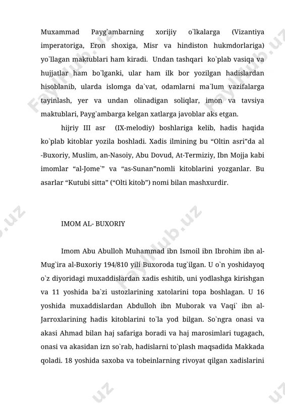 -buxoriy at-termiziyning hadislarni sinchiklab o`rganishdagi nodir qobiliyatini, quvvai xofizasi, ilm va taqvodagi ustunligini tan olgan va unga shoxidlik bergan. mashhur muxaddislarning ko`plari imom at-termiziyning hadis ilmining takomillashtirish va uni kelgusi avlodlarga sof xolda yetkazishdagi xizmatlarini yuqori baholaganlar. xadis olimlaridan abdurahmon ibn muxammad al-idrisiyning ta`biricha, at-termiziy “xadis bobida iqtido kilinadigan imomlardan biridir”. at-termiziy fiqh-islom konunshunosligi boblariga moslab tasnif kilgan “as-sunan” nomli kitobi tegishli mavzularni o`z ichiga atroflicha qamrab olganligi sababli “al-jome` as-sahih”deb ham shuhrat topgan. buasar 1867-68 yili mirtoxda tosh bosmada,292\1876-77 yili ikki jild bo`lib kohirada nashr etilgan.bu asarda takror hadislar uchramasligi, o`tmish muxaddislar asarlarida zikr kilinmagan “manoqib” va “tafsiri qur`on”boblarini kengaytirib berilganligi mazkur kitobning qimmatini yanada oshiradi. kitobdagi hadislar uch guruhga bo`linadi:cahih, hasan, zaif. har bir hadisni zikr qilgach, qaysi guruhga mansub ekanligi aytib ketiladi. birinchi va ikkinchi o`rinlarni al-buxoriy va muslimning “al-jome` as-sahih”kitoblari olsa, at-termiziyning “sunan”i mazkurlardan keyingi kitob hisoblanadi. imom at-termiziy o`zining shoh asarini yozib tugatgach,uni zamonasining mashhur …