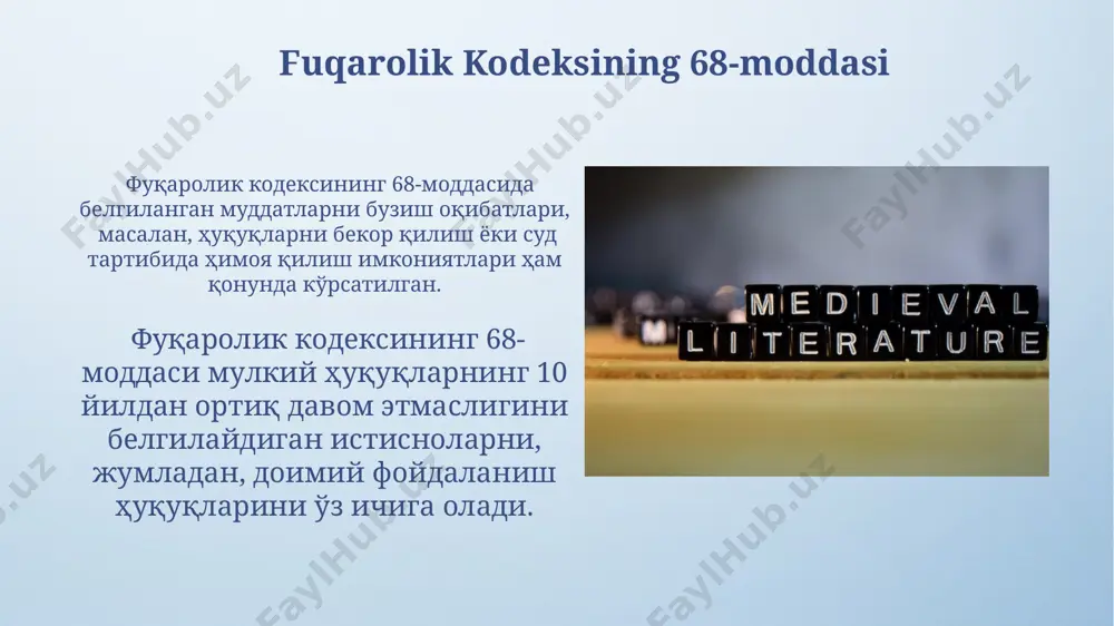 ga murojaat qilish muddati, agar qonunda boshqacha ko'rsatilmagan bo'lsa, shartnoma bekor qilingan kundan boshlab bir yil ichida amalga oshirilishi kerak. kodeksning 61-moddasida shartnoma bekor qilinganda tomonlarning majburiyatlari va ularning oqibatlari, shu jumladan zararlarni qoplash masalalari batafsil bayon etilgan. fuqarolik kodeksining 63-moddasi 63-modda, shuningdek, mulk huquqining obyekti bo'la oladigan narsalarni va bo'la olmaydigan narsalarni aniqlab beradi, masalan, inson hayoti va sog'lig'i mulk obyekti bo'lolmaydi. mulkning ajralmas qismi bo'lgan aksessuarlar va komplektatsiyalar 63-modda doirasida asosiy mulk bilan birga bir butun sifatida ko'rib chiqiladi, ularning alohida mulk sifatida ajratilishi cheklangan. fuqarolik kodeksining 62-moddasi modda shuningdek, mulk huquqining amalga oshirilishi bilan bog’liq bo’lgan chegaralash va cheklovlar, masalan, er uchastkalaridan foydalanish tartibi kabi masalalarga ham tegishlidir. 62-modda, mualliflik huquqi, patentlar va savdo belgilariga oid intellektual mulk huquqlari bilan bog'liq munosabatlarni tartibga soladi, shuningdek ularni himoya qilish usullarini belgilaydi. fuqarolik kodeksining 59-moddasi mulk huquqining amal qilish muddati, 59-moddada belgilangan tartibga muvofiq, cheklangan bo'lishi mumkin emas, lekin …