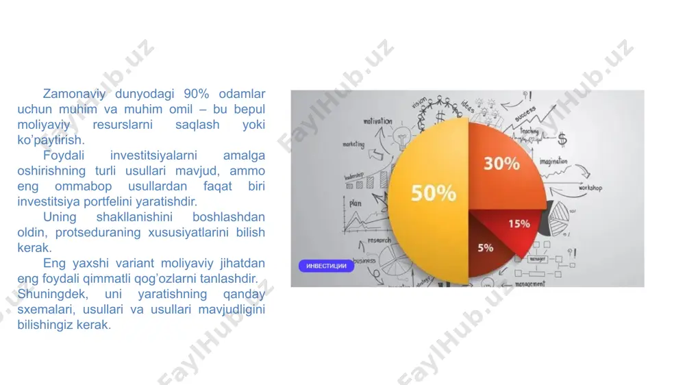 elning aksi. bunday paketga maksimal likvidlik investitsiyalari va mablag'larning tez qaytarilishi kiradi. misol - forex bozorida valyuta spekulyatsiyasiga va. mintaqaviy yoki xorijiy qimmatli qog'ozlarga ega portfel. o'z mintaqasining vatanparvarlari yoki o'z mintaqasining ichki bozorini yaxshi biladigan tadbirkorlar uchun portfel. ixtisoslashgan portfel turlari - sanoat uchun mo'ljallangan qimmatli qog'ozlar to'plami/ masalan, neftni qayta ishlash zavodlari, xorijiy kompaniyalarning aktsiyalari. investitsion portfelni shakllantirish tartibi investitsion maqsadlarni belgilash investitsiya strategiyasini tanlash qimmatli qog'ozlar bozori tahlili portfelda aktivlarni tanlash qimmatli qog'ozlarni sotib olish va shakllangan portfelni monitoring qilishni boshlash investitsion maqsadlarni belgilash. investorning maqsadlari qanchalik aniq bo'lsa, uning moliyaviy faoliyati shunchalik samarali bo'ladi. agar biror kishi bozorga noaniq niyat bilan kelsa, natijasi noaniq va noaniq bo'ladi. investitsiya trategiyasini tanlash strategiyani tanlash investorning shaxsiy imtiyozlariga va uning yakuniy maqsadlariga bog'liq. aslida, faqat uchta investitsiya strategiyasi mavjud: tajovuzkor; konservativ; mo'tadil qimmatli qog'ozlar bozori tahlili investitsion maqsadlaringizga asoslanib, qimmatli qog'ozlar bozorini tahlil qiling va o'zingiz uchun strategiyangiz uchun …