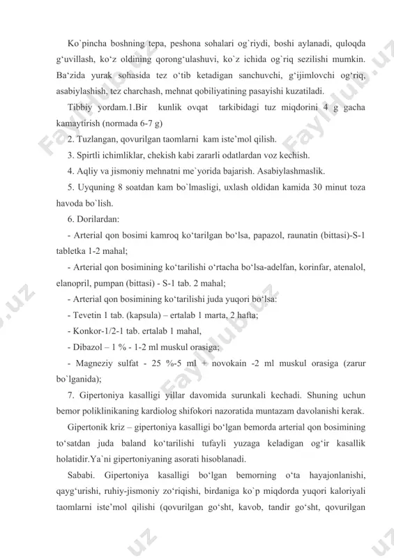 o bo`ladi. arterial qon bosimi maks.-180-220, minimal-110-160 mm.gacha va bundan ham oshishi mumkin. juda og‘ir kechganida bosh miya to‘qimasida qon aylanishining buzilishi tufayli qo‘l-oyoq muskullarida uvishish, yuz muskullarining tortilishi, qovoqlarning pirpirashi kabilar kuzatilishi mumkin. o`z vaqtida birinchi tibbiy yordam ko`rsatilmasa miya insulti yuzaga kelishi mumkin. tibbiy yordam. 1.bemor boshini baland qilib yostiqqa suyab yarim o`tqazib qo`yiladi (agar iloji bo`lsa kresloga suyab, yarim o`tirgan vaziyatda joylashtiriladi). 2. tez yordam chaqiriladi. tez yordam kelgunicha quyidagicha birinchi tibbiy yordam ko‘rsatiladi: - oyoqlariga issiq grelka qo`yiladi; - arterial qon bosimini tushiruvchi dorilardan: - magneziy sulfat - 25 % -5-10 ml + 0,5 %- 2 ml novokain qo‘shib muskul orasiga; - dibazol -1%-1-2 ml muskul orasiga; - yoki teveten –1 tabletka ichiriladi; - gipotiazid - 1 tabletka ichiriladi, yoki laziks -2 ml muskul orasiga yuboriladi; - yurak faoliyatini yaxshilash uchun valokordin (korvalol) 25 tomchi ichiriladi; - yurak sohasida og‘riq bo‘lsa nitroglitserin (validol) 1 tab. til …