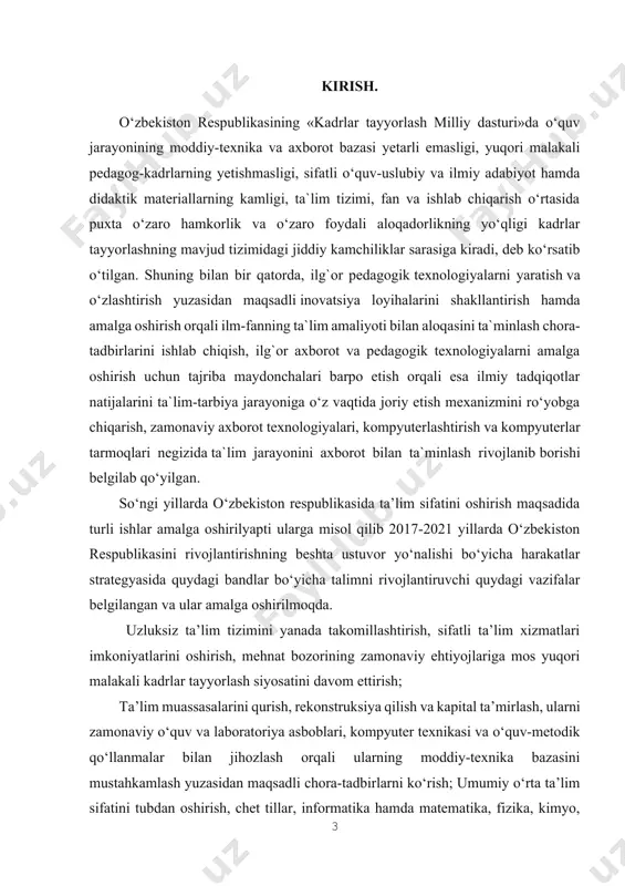 ndartida uqtirilishicha, ―ona tili ta'limiga oquv fani emas, balki butun ta'lim tizimini uyushtiruvchi ta'lim jarayoni sifatida qaraladi. bu jarayon hozirgi kun talabiga javob bеrmasa, boshqa fanlar ta'limiga ham putur yеtishi mumkin. hozirgi kun talabi esa oquv jarayonini mukammal isloh qilish, ta'lim samaradorligini muttasil oshirib borishdir. bunda, sozsiz, ta'limning yangi, zamonaviy tеxnologiyasiga suyanish kutilgan natijani bеrishi muqarrardir. ona tili maktabda oquvchining kamol topishida, fikrlash darajasining osishida, bilim va mеhnatga havasini uyg‘otishda, ilmiy tushunchalarini, nutqiy malakalarini shakllantirishda muhim ahamiyat kasb etadi. ona tilidan olib boriladigan barcha mashg‘ulotlar tizimi shunday qurilishi kеrakki, bu tizim oquvchilarda ona tiliga muhabbat, oz yurtiga, xalqiga mеhr, vataniga chеksiz hurmat va sadoqatni ostirishi zarur. kurs ishining maqsadi.boshlang‘ich sinflarda ona tili ta'limi, yuqorida ta'kidlanganiday, bolalarning tafakkur qilish faoliyatlarini kеngaytirishga, ularda erkin fikrlay olish, ozgalar fikrini anglash, oz fikrini og‘zaki va yozma ravishda ravon bayon qila olishga, jamiyat a'zolari bilan erkin muloqotda bola olish konikma va malakalarini rivojlantirishga xizmat qiladi. …