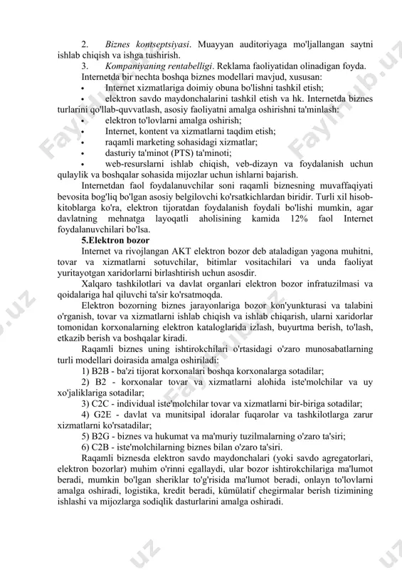 a biznes modellarini ishlab chiqishni ham o'z ichiga oladi. shunday qilib, elektron biznes raqamli biznesning ajralmas qismidir. raqamli transformatsiya - bu tashkilotning madaniyatini o'zgartirish va tashkilot chegaralarini kengaytiradigan va o'zlarining ekotizimlarini shakllantirishga imkon beradigan yangi axborot texnologiyalarini joriy etish orqali kompaniyaning raqamli biznesga o'tishi. g'oliblar tarmoqlar o'rtasidagi chegaralar yo'qolishi sharoitida o'sish uchun o'z biznes modellarini qayta yo'naltira oladigan kompaniyalar bo'ladi. raqamli biznes uchun internetdan foydalanishning asosiy maqsadlarini sanab o'tamiz: · jismoniy va raqamli tovarlar va xizmatlarni sotishdan qo'shimcha daromad olish; · xarajatlarni kamaytirish va operatsiyalar vaqtini qisqartirish; · bozorda o'z mahsulotlari va xizmatlarini reklama qilish va targ'ib qilish, shuningdek o'z brendlarini mustahkamlash. atrof muhitda biznes yuritishning asosiy yo'nalishlarini ko'rib chiqing kompaniyaning maqsadlari (a), kontseptsiyasi (b) va rentabelligi (c) bo'yicha internet. birinchi yo'nalish - allaqachon mavjud an'anaviy off-line biznesni axborot bilan ta'minlash. 1. maqsadlar. onlayn kanalda yangi reklama tashkillashtirishni tashkil etish; potentsial xaridorlar sonini kengaytirish; sheriklar bilan o'zaro ta'sir qilish jarayonlarini …