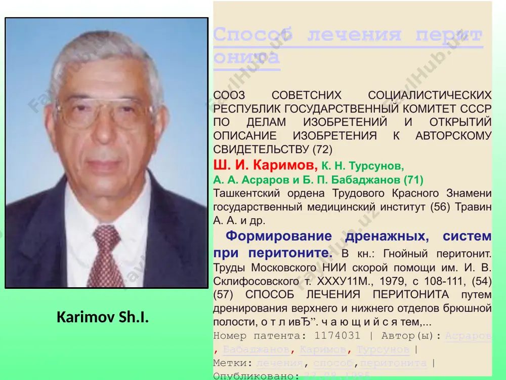 or rentgenografiya invaziv laparotsentez -“izlovchi” kateter usuli diagnostik laparo-skopiya diagnostik laparo-tomiya qorin bo‘shlig‘i ultra tovush tekshiruvi qorin bo‘shlig‘ida erkin suyuqlik rentgenogramma rentgenogrammada kloyber kosachalari: kengaygan ingichka ichakda gaz va suyuqlik to‘planishi diagnostik laparoskopiya ishonchli usul bo‘lib peritonit manbai va ekssudat xarakterini aniqlashga imkon beradi. diagnostik laparotomiya laparoskopiya usuli imkoni yo‘q shifo-xonalarda q¢llani-ladi. o‘tkir peritonitni davolash bosqichlari amaliyot oldi tayyorgarlik jarrohlik usuli amaliyotdan keyingi davolash amaliyotdan oldingi tayyorgarlik muammosi bir tomondan buzilgan funksiyalarni shunchalik yetarli tiklash lozimki, amaliyot bemor uchun eng kam xavf tug‘dirsin ikkinchi tomondan qorin bo‘shlig‘idagi yiringli jarayonni iloji boricha tezroq bartaraf qilish lozim, bu o‘z navbatida amaliyot oldi tayyorgarlikni tejaydi. bemor ahvoli qanchalik og‘ir bo‘lsa amaliyot oldi tayyorgarligi shunchalik murakkab bo‘ladi barvaqt jarrohlik amaliyoti мaksimum 2 sоат i. volemik, elektrolit va mikrotsirkulyator buzilishlar korreksiyasi laktosol disol ringera eritmasi 30-40ml 10% kaliy xlorid eritmasi reopoli- glyukin va gemodez amaliet oldi tayyorgarligi ii. gipo- va disproteinemiya korreksiyasi albumin 100-200 ml …