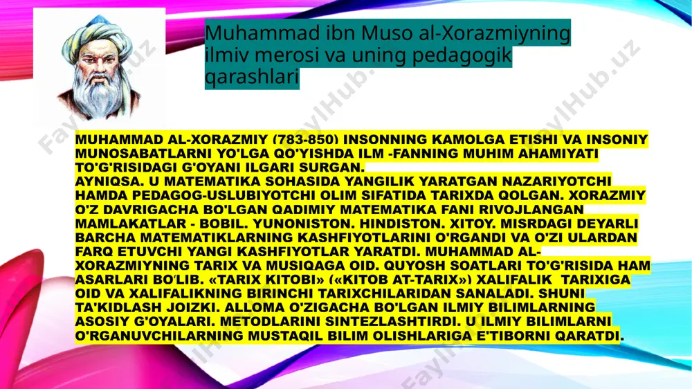 kelib, bu asarlar toledoda (ispaniya) va sitsiliyada lotin tiliga tarjima qilina boshladi. tarjima ishlari ayniqsa 1120–1200 yillar oralig‘ida kuchaydi. natijada yevropa uyg‘onish davrining ilmiy poydevori yaratildi. masalan: arabcha ilmiy asarlarni gerard cremonalik (1114–1187) lotin tiliga tarjima qilgan. ibn sino, al-xorazmiy va al-farg‘oniy asarlari xiii asrda parij universitetida o‘qitilgan. copernicus (1473–1543) o‘zining geosentrik nazariyasida sharq astronomlarining hisob-kitoblariga asoslangan. shunday qilib, viii–xii asrlar sharq uyg‘onishi, xiv–xvi asrlar yevropa uyg‘onishi uchun ilmiy va falsafiy poydevor vazifasini bajargan. hozirgi kunda sharq uyg‘onish davri olimlarining ishlari jahon ilm-fanining klassik asarlari qatoriga kiradi. ularning asarlari yevropada hozirgi kungacha o‘rganiladi va ilmiy asos sifatida e’tirof etiladi. masalan: 1980-yilda parijda ibn sino tavalludining 1000 yilligiga bag‘ishlab xalqaro konferensiya o‘tkazilgan. bmtning yunesko tashkiloti al-xorazmiy nomidagi “algorithm” atamasini 1983-yilda rasmiy tan olgan. 2000-yilda aqshning nyu-york shahridagi bmt binosi ro‘parasida muhammad al-xorazmiy haykali o‘rnatilgan. 2002-yilda rimda (italiya) al-farg‘oniy nomi bilan yulduz xaritasi yangilanib, unga alohida yodgorlik lavhasi qo‘yilgan. haykallar joylashuvi (aniq …