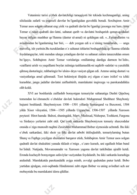 i ittifoqlashib, temuriylarning butun sharq va fapbga yoyilgan shuxratini barqaror etish, sohibqiron amir temur asos solgan qudratli davlat shukuhini yanada tiklash o`rniga , o`zaro kurash, uni egallash bilan band bo`lishdi. natijada, movarounnahr va xuroson yagona davlat tarkibidan ajralib ketdi. eronda kuchayib borayotgan safaviylar vaziyatdan foydalanib, bu ikki sarkarda kurashiga aralashdi. mamlakatda parokandalik avjga minib, avvalgi qudratdan putur ketdi. bobo yurtidan ajralgan, oxir-oqibatda hindistonni zabt etgan bobur va uning avlodlari uch asr mobaynida bu mamlakatni idora qildilar. movarounnahrda shayboniylar sulolasi hokimiyat tepasiga keladi. qariyb, bir asrga yaqin davom etgan shayboniylar hukmronligi davrida ham tinchlik bo`lmadi, qirg`inborot urushlar, o`zaro ichki kurashlar davom etdi. shayboniy ubaydullaxon (1533—1539) taxtga ko`tarilgach, buxoroning mavqyei ham siyosiy, ham iqtisodiy jihatdan ancha kuchaydi va mova-rounnahrning siyosiy-ma`muriy markaziga aylantirildi. abdullaxon (1557—1598) . 1557 yilda poytaxt rasman samarqanddan buxoroga ko`chirildi va bu sana tarixga buxoro xonligi tashkil topgan yil bo`lib kirdi. 1601 yildan e`tiboran buxoro xonligida hokimiyat ashtarxoniylar (joniylar) sulolasi …