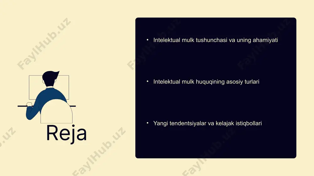 ular quyidagi turlarga bo'linadi: 1. mualliflik huquqi: asarlar va ijodiy ishlarning himoyasi, masalan, kitoblar va musiqalar. 2. patentlar: ixtirolar va yangi texnologiyalar uchun, masalan, dori vositalari. 3. tovar belgilari: brend va ishlab chiqaruvchi belgilarini himoya qiladi, masalan, coca-cola. 4. savdo sirlarini himoya qilish: maxfiy ma'lumotlar va tijorat strategiyalarini saqlash. photo by teddy o on unsplash intelektual mulk huquqining ahamiyati intelektual mulk huquqi jamiyat uchun muhim ahamiyatga ega. u innovatsiyalarni rag'batlantiradi, iqtisodiy o'sishga yordam beradi va madaniyatni rivojlantiradi. mualliflar va ijodkorlar o'z mehnatlarini himoya qilishlari uchun zarur mexanizmlarga ega bo'lishlari kerak. ushbu huquqlarni ta'minlash orqali, biz ijodkorlikni rag'batlantiramiz va iqtisodiy taraqqiyotga zamin yaratamiz. photo by andrew neel on unsplash yangi tendentsiyalar intelektual mulkda - intelektual mulk sohasidagi yangi tendentsiyalarni ko'rib chiqish. - raqamli asrda intelektual mulkni himoya qilish: raqamli platformalarda o'z mulk huquqlarini himoya qilish zarurati ortib bormoqda. - yangi texnologiyalar va innovatsiyalar ta'siri: sun'iy intellekt va blokcheyn texnologiyalari intelektual mulkni …