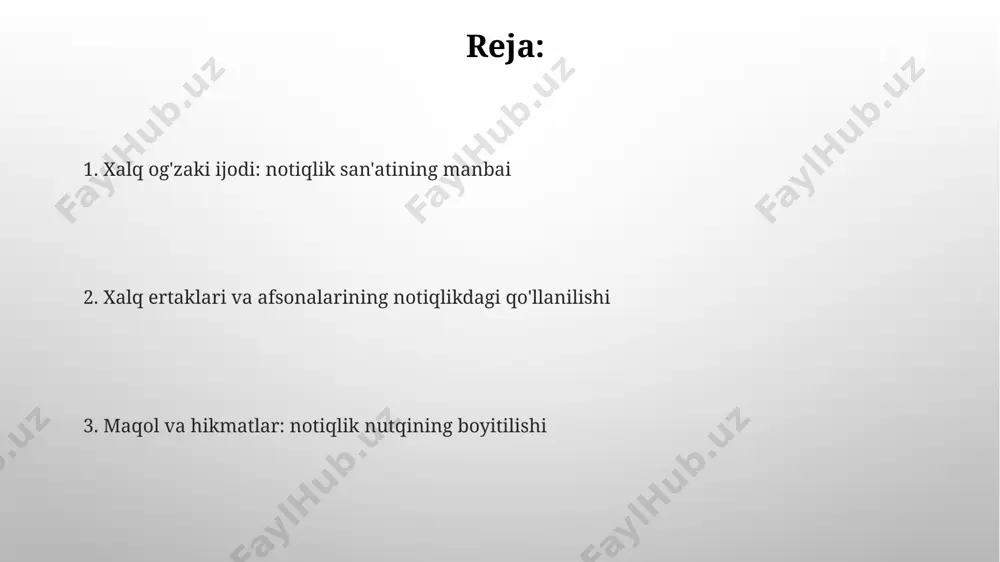 anib kelgan an'anaviy hikmatlarni o'zida mujassamlashtiradi. o'zbekistonning turli hududlarida, jumladan, farg'ona vodiysida va xorazmda, turli mavzudagi 1000 dan ortiq maqol va matalarning o'ziga xos xususiyatlari mavjud bo'lib, ular oratorning nutqini rang-baranglashtiradi. afsonalar va rivoyatlarning ritorik imkoniyatlari хоразм мифологиясидаги 3 та асосий тимсол – сув, осмон ва ернинг риторик нутқлардаги рамзий маъноларини чуқур таҳлил қилиш, мавзунинг таъсирчанлигини оширади. ўзбекистоннинг турли минтақаларидаги 10 дан зиёд афсона ва ривоятларда учрайдиган такрорий сюжетларнинг ритмикасини нутқда қўллаш, унинг эмоционал зарядлилигини кучайтиради. ertaklar obrazlari orqali taʼsirchanlik ertaklardagi 7 ta asosiy qahramon prototipi, masalan, dono chol, ayyor tulki yoki kuchli dev kabi obrazlar, 3000 yildan ortiq davom etgan xalq og'zaki ijodining samarqanddagi namunalarida aniq kuzatiladi va notiq uchun kuchli taʼsir vositasi hisoblanadi. andijon viloyati afsonalari va ertaklaridagi qahramonlarning 2 ta asosiy xususiyati – qahramonlik va o'ziga xoslik, notiqning nutqiga jozibadorlik va esda qolarlilik baxsh etadi, tinglovchilarni 10-15 daqiqa davomida o'ziga bog'lab tura oladi. zamonaviy nutqda folklor elementlaridan …