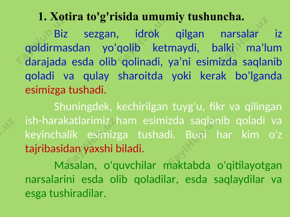 riali tashkil etadi. idrok qilingan narsa va hodisalarning nomlari, o'qilgan matnlar, so'zlar, gaplar boshqalarning nutqi esda olib qolinadi, esda saqlanib qoladi va esga tushiriladi. lekin nutq esda olib qolinganda u yoki bu oddiy tovushlar birikish sistemalari emas, balki nutqda ifodalangan ma’no, o'zi va boshqalarning fikrlari esda qoladi, saqlanadi va esga tushadi. so'zlarning ma’no jihatdan mantiqiy sur’atda bir-biriga bog'lanib esda qolishi va esga tushishi mazm unan so'z logik xotirasi bo'lib, obrazli xotiraga nisbatan, ancha murakkab aqliy faoliyatdir. biz ko'ngildan kechirgan tuyg'ular, har xil muskul va ish-harakatlari ham xotira mazmunini tashkil qiladilar. 2.esda olib qolish. xotira faoliyati esda olib qolishdan boshlanadi. biz hamisha bir narsa yoki hodisani idrok qilishimiz, biron narsa haqida o'ylashimiz singari hamisha biron narsa yoki hodisani esda olib qolamiz. esda olib qolish jarayoni eng avval miya po'stida idrok qilinayotgan narsalarning - buyum, surat, so'z, fikr va hokazolarning «izlari» hosil bo'lishidan va ayni vaqtda esda olib qolinadigan material bilan kishida …