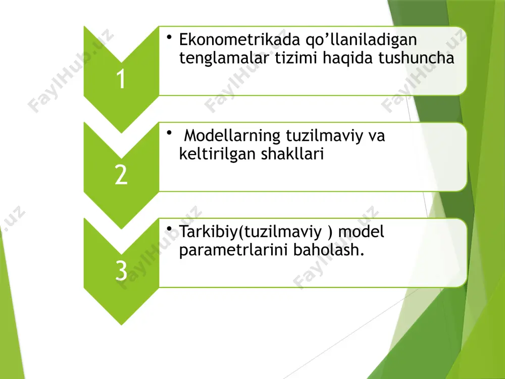 gan modellar fazoviy modellar deb, ikkinchi turdagi ma’lumotlar asosida tuzilgan modellar esa vaqtli qatorlar modellari deb ataladi. ko’pchilik iqtisodiy ko’rsatkichlar vaqtli qatorlari omillar to’plami o’rganilayotgan ko’rsatkichlar dinamikasiga uzoq muddat ta’sir etishini tavsiflovchi tendentsiyaga ega bo’ladi. haqiqatda, alohida olingan omillar o’rganilayotgan ko’rsatkichga turli yo’nalishlarda ta’sir etishi mumkin. ammo, ular birgalikda o’suvchi yoki kamayuvchi tendentsiyalarni tashkil etadi. ushbu rasmda o’suvchi tendentsiyaga ega bo’lgan gipotetik vaqtli qatorlar ko’rsatilgan. vaqtli qatorning asosiy komponentalari: a – o’suvchi tendentsiya; b – mavsumiy komponenta; v – tasodifiy komponenta o’rganilayotgan ko’rsatkich tsiklik tebranishga ega bo’lishi mumkin. bu tebranishlar mavsumiy xarakterga ega bo’ladi, chunki ko’pchilik iqtisodiy tarmoqlarning iqtisodiyoti yilning davrlariga bog’liq (masalan, yozgi davrda qishloq xo’jaligi mahsulotining bahosi qishki davrdagiga nisbatan arzonroq bo’ladi, kurort shaharlarida qish faslida ishsizlik darajasi yozgi faslga nisbatan yuqori bo’ladi). uzoq vaqt oralig’i uchun ma’lumotlarning katta massivi mavjud bo’lganda bozor kon’yukturasining umumiy dinamikasi hamda mamlakat iqtisodiy holati bilan bog’liq bo’lgan tsiklik tebranishlarni aniqlash mumkin. b)-rasmda …