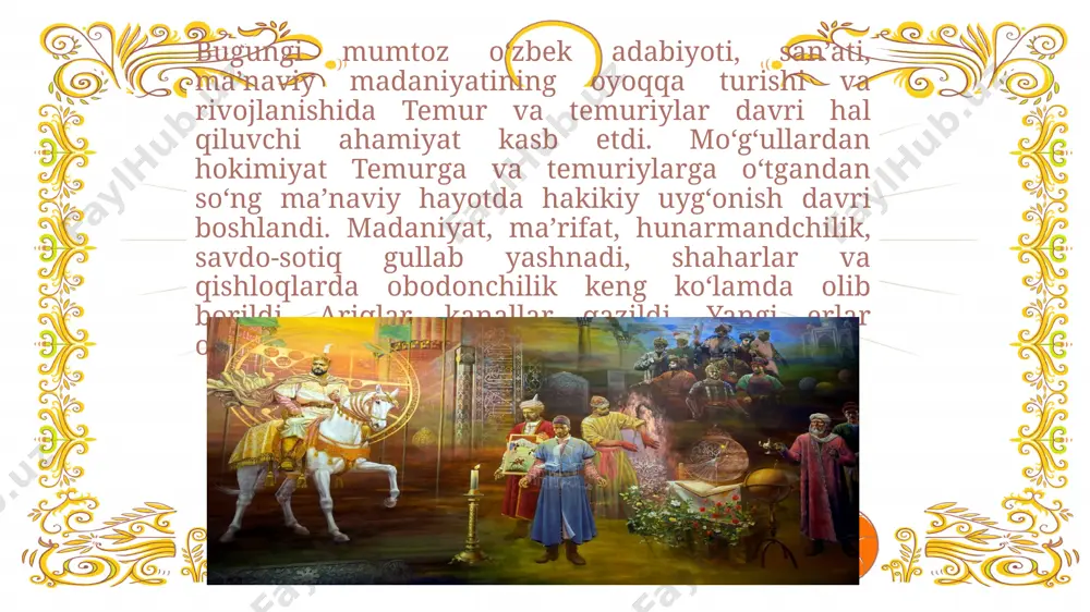 ham bor. shu sababli bizning madaniy merosimiz ko‘prok zullisonayndir. temuriylar davrida vujudga kelgan yuksak ma’naviyat iqtisodiy jihatdan etarlicha mustahkamlanmadi va jamiyatning keyingi muttasil ravnaq topishini ta’minlay olmadi. shu sababdli uning ijodini o‘rganishdan maqsad badiiy-estetik ehtiyojlarimizni qondirishdan, badiiy tafakkurimizni o‘stirish, dunyoqarashimizni kengaytirishdan tashqari, o‘zligimizni tarixning yangi bosqichida qayta anglash, o‘z ma’naviy manbalarimiz, tarixiy ildizlarimizdan yaxshiroq oziqlanib, kelajak yo‘lida kuch to‘plash, dunyoqarash va e’tiqodning dolzarb masalalariga, xususan, islomga, tasavvufga, komil inson tarbiyasiga, adolatni qaror toptirishga nisbatan munosabatlarimizni aniqlab, belgilab olishda ma’naviy tayanch topishdir. xulosa image2.png image3.png image4.png image5.png image6.png image7.png audio2.wav audio3.wav image22.png image23.png image24.png image25.png image26.png image8.png image9.png image10.png image11.png image12.png image27.jpeg image13.png image14.png image15.png image16.png image17.png audio1.wav image18.png image19.png image20.png image21.png image28.jpeg image29.jpeg image1.jpg /docprops/thumbnail.jpeg
