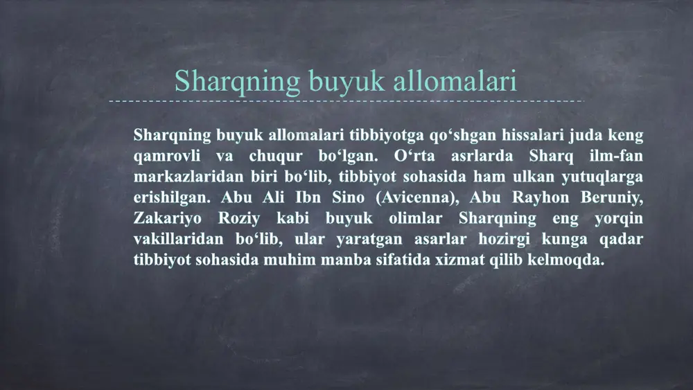tahlil qilgan. 2. "qonuni mas'udi": ushbu asarda asosan matematika va astronomiya masalalari yoritilgan bo‘lsa-da, uning ayrim qismlarida dorilar va tabiatdagi moddalarning inson salomatligiga ta'siri haqida ham ma'lumotlar berilgan. asarlari zakariyo roziy zakariyo roziy ham sharq tibbiyotining yirik vakillaridan biri bo‘lib, u ko‘plab kasalliklarning oldini olish va davolash yo‘llari bo‘yicha tadqiqotlar olib borgan. uning "kitob al-hoviy" asari ko‘plab tibbiy bilimlarni birlashtirgan ulkan tibbiyot ensiklopediyasi bo‘lgan. roziy kimyo va tibbiy moddalarning o‘zaro ta’sirini o‘rganib, zamonaviy tibbiyotning rivojlanishiga katta ta’sir ko‘rsatgan. 1. "kitob al-hoviy" (katta tibbiy ensiklopediya): bu ensiklopediya tibbiyotning barcha sohalarini qamrab olgan yirik asar bo‘lib, unda kasalliklarning sabablarini tahlil qilish, ularning davolash usullari va dori vositalari haqida batafsil ma’lumotlar berilgan. 2. "al-judari va al-hasba" (chechak va qizamiq haqida): bu asar chechak va qizamiq kasalliklarini tashxislash va davolash bo‘yicha dunyodagi eng birinchi ilmiy ish bo‘lib, unda kasalliklarning klinik manzaralari tasvirlangan. asarlari sharq allomalari tibbiyot ilmiga o‘z ilmiy metodlarini, tajribalarini va kuzatuvlarini olib …