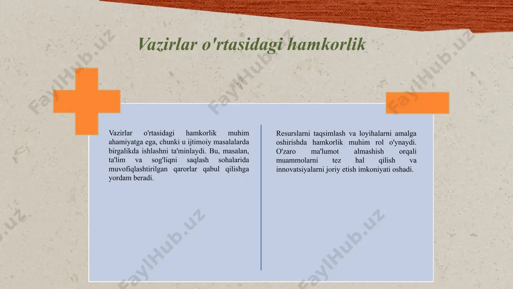 stitsiyalar uchun yengil soliqlar va biznes muhitining yaxshilanishi iqtisodiy rivojlanishga turtki bo'ldi. vazirlar mahkamasi iqtisodiy monitoringni davom ettiradi, statistik ma'lumotlar va bozor tendensiyalarini tahlil qilib, strategiyalarni yangilaydi. amaliy misol: ta'lim sohasidagi islohotlar 2019-yil vazirlar mahkamasi taʼlim sohasini rivojlantirish uchun keng qamrovli islohotlarni amalga oshirdi. 2020-yilda raqamli texnologiyalarni joriy qilish, onlayn taʼlim imkoniyatlarini kengaytirish va o'qituvchilar malakasini oshirish bo'yicha chora-tadbirlar ko'rsatildi. bu yangilanishlar natijasida ta'lim sifati yaxshilandi, o'quvchilarning bilim darajasi oshdi va boshqaruv samaradorligi oshdi. photo by alina grubnyak on unsplash vazirlar mahkamasining kelajakdagi rejalari strategik rejalashtirish vazirlar mahkamasi davlat siyosatini belgilash va yangi strategiyalar ishlab chiqadi, texnologiyalarni joriy qilish muhimdir. amaliy misol: iqtisodiy rivojlanish iqtisodiyotni diversifikatsiya qilish va investitsiyalarni oshirish uchun yangi dasturlar ishlab chiqilmoqda, masalan, qishloq xo‘jaligi va eksport. strategiyalarning amalga oshirilishi davlat-xususiy sektor hamkorligini kuchaytirish va qonunlarni optimallashtirish rejalashtirilmoqda. yangi texnologiyalar va innovatsiyalar sun'iy intellekt va ekologik texnologiyalarni keng joriy qilish davlat boshqaruvini samarali qilmoqda. xalqaro hamkorlik va …