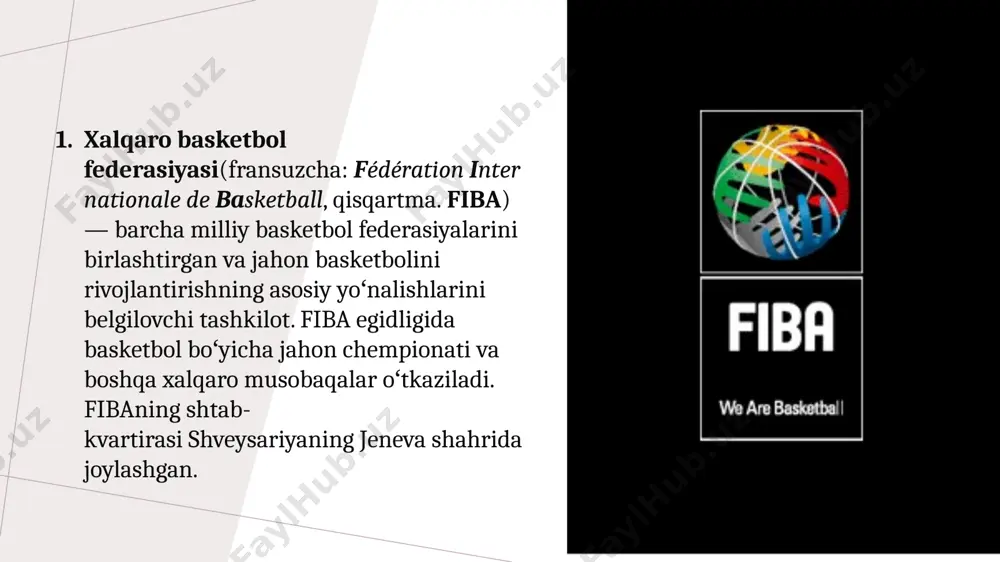 r jamoalari oʻrtasida jahon chempionatlari oʻtkaziladi. fiba, shuningdek, barcha besh qit’ada boʻlib oʻtadigan barcha qit’a chempionatlarini, ulardan tashqari, afrika, amerika va evropada oʻtkaziladigan oʻsmirlar (18 yoshgacha) va yoshlar (20 yoshgacha) qit’a chempionatlarini ham nazorat qiladi. 6 1936-yildan buyon basketbol turniri yozgi olimpiya oʻyinlari dasturining oʻzgarmas qismi boʻlib kelgan; olimpiya oʻyinlariga mezbon mamlakat xoq va fiba ushbu turnirni tashkil etishda teng ravishda ishtirok etadi. 1972-yildan 2002-yilgacha uning homiyligida ronketti kubogi turniri oʻtkazildi. 2003-yilda u ayollar yevrokubogiga (fiba eurocup women) oʻzgartirildi. 7 olimpiada o’yinlari dasturiga basketbol birinchi marta 1936 yil kiritildi. 11 olimpiada o’yinlarning basketbol turniriga 12 mamlakatning erkaklar komanlalari qatnashdilar. 8 ayollar o’rtasida birinchi yevropa chempionati 1938 yil rimda bo’ldi. bunda italiya milliy komandasi g’alaba qozondi.1948-1956 yillar xalqaro basketbol federatsiyasining boshqa xalqaro sport birlashmalarini ichida yuqori o’yinlardan birinchi egallash bilan xarakterlanadi. dunyo va yevropa chempionatlari kabi katta musobaqalar fiba rahbarligi ostida o’tdi. hamma xalqaro musobaqalarda dunyoning hamma nufuzli mamlakat jamoalari qatnashib …