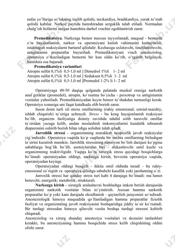 q massalari,tish protеzlari) tiqilib qolishi xavfi bartaraf qilinadi. 2.narkotik moddaning miqdori aniq bo’ladi va sarflanishi kamayadi. 3.gaz almashinuvining buzilishi sababli qilinadigan opеratsiyalarda “boshqariladigan”nafasga o’tish mumkin. 4.narkotik modda kislorod bilan bosim ostida yuboriladi-bu organizmni kislorod bilan to’la-to’kis to’yintiradi. 5.laringospazm tufayli nafas buzilishi xavfi yo’qoladi. 6.zararli bo’shliq kamayadi. 7.organizmning asosiy faoliyatini bir muncha muvaffaqiyatli boshqarish imkoniyati bo’ladi. ingalyatsiyali narkoz kamchiliklari. 1.bajarishning murakkabligi 2.og’iz,xalqum,tovush boylamlari,xiqildoq shilliq pardalarining shikastlanishi,tishning sinib qolishi. 3.xalqum va xiqildoq shilliq pardalari yallig’lanishi mumkin. 4.ingalyatsin narkozni faqat malakali anеstеziolog o’tkazishi mumkin. noingalytasion narkoz narkotik moddalar boshqa yo`llar bilan yuboriladi (vena ichiga, teri ostiga, to`g`ri ichakka). xozirgi vaqtda vena ichi narkozida barbituratlar qo`llaniladi. barbituratlar to`g`ri qo`llanilganda ular hayot uchun muhim a`zolar va organizm faoliyatiga minimal ta`sir ko`rsatadi. ko`rsatma: qisqa muddatli og`riqli muolajalar. moneliklar: bronxial astma, yurak-tomir yetishmovchiligi, buyrak-jigar yetishmovchiligi. bemor narkozdan muddatidan oldin chiqmasligini nazorat qilish uchun elektroensefalografiya ma`lumotlariga tayaniladi, hamda pul`s va a\b ni kuzatib boriladi. narkoz chog’ida kuzatilagan asoratlar. …
