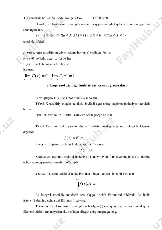 inov, m.maqsudov, m.s.salohiddinov. kompeleks o`zgaruvchining funksiyalari nazaryasi-t,: o`qtuvchi, 1979 2. sh. t. maqsudov. analitik funksiyalar nazaryasidan mashiqlar-t.: o`qtuvchi, 1978 3. i. i.privalov. vvedenie v teoriyu funksiy kompleksnogo peremennogo.-m.: nayka, 1977 4. a.i. markushevich. kratkiy kurs teorii analiticheskix funksiy-m fizmatgiz -m1961 5. ya. s. bugrov, s.m.nikolskiy. funksii komleksnogo peremennogo-m,: nauka, 1981. 6. v.a. kolеmaеv. i dr. “tеoriya vеroyatnostеy i matеmatichеskaya statistika” .m: vo`sshaya shkola, 1990g. 7. gmurman v.е. “ehtimollar nazariyasi va matеmatik statistika”, toshkеnt, o`qituvchi, 1978y. 8. s. sirojdinnov , m.mamatov. “ehtimollar nazariyasi va matеmatik statistika”. toshkеnt., “o`qituvchi”. 1982y. 9. gmurman v.е. “ehtimollar nazariyasi va matеmatik statistika”dan masalalar yеchishga doir qo`llanma, toshkеnt., “o`qituvchi”, 1980y.