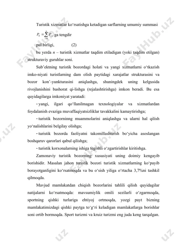 dlarning tezroq ko‘payishiga erishish; 2) turizmning rentabelligini oshirish maqsadida mavjud turistik jihozlardan iloji boricha yaxshiroq foydalanishga erishish; 3) turistik mahsulotning rivojlanayotgan bozorlarga o‘tishi bo‘yicha qo‘shimcha xizmatlarni taklif eta borib, faoliyatni xilma-xillashtirish. «xudbinona» maqsadlar firma, mamlakat, mintaqa yoki ma’lum joyning obro‘sini oshirish va nufuzi (imiji)ni yaxshilashni o‘z ichiga oladi. bu birinchi navbatda konkret ob’ektning holatini saqlab qolish yoki yaxshilashni nazarda tutadi. masalan, turistik korxonalarning rahbarlari nima qilib bo‘lsa ham, mustaqil bo‘lib qolish, o‘z faoliyatini o‘zi nazorat qilish vazifasini qo‘yadilar. unchalik katta bo‘lmagan mehmonxonalar va sayohat agentliklari uchun mustaqil bo‘lish istagi biznesning barqarorligini oshirish xohishi bilan birga bo‘lishi mumkin. mijozlar doirasini kengaytirish va istalgan foydani olish uchun ular o‘zlarini qoniqtiradigan vaziyatni saqlab qolish usullarini izlaydilar. ijtimoiy maqsadlar past daromadga ega odamlar foydalanishi mumkin bo‘lgan, shuningdek atrofmuhitni muhofaza qilishga, ishsizlik darajasini pasaytirishga, kichik biznesning rivojlanishini rag‘batlantirishga xizmat qiladigan turistik mahsulotlarni ishlab chiqish va bozorga taqdim etishni nazarda tutadi. amaliy nuqtai nazardan turistik bozor …