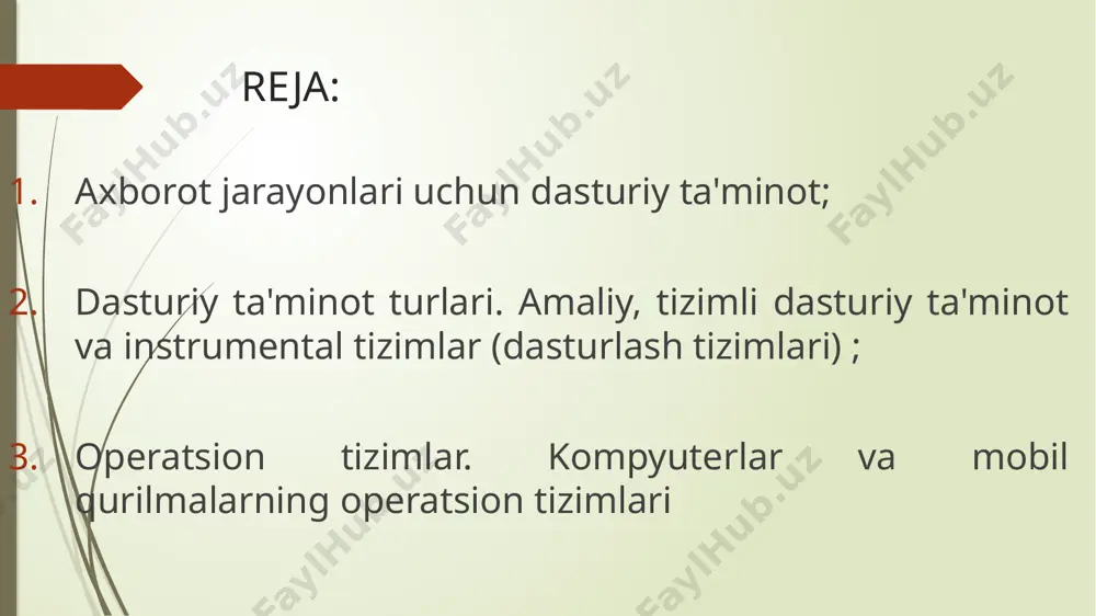 aga bo'lish mumkin: amaliy dasturlar tizim dasturlari instrumental dasturiy ta'minot tizimlari ( dasturlash tizimlari ) dasturiy ta’minot amaliy tizimli instrumental (tizimli prog.) dasturlar uch toifaga bo'linadi: foydalanuvchilar uchun zarur bo'lgan ishlarning bajarilishini bevosita ta'minlaydigan amaliy dasturlar ; tizim dasturlari , masalan: kompyuter resurslarini boshqarish; foydalanilgan ma'lumotlarning nusxalarini yaratish; kompyuter qurilmalarining sog'lig'ini tekshirish; kompyuter haqida ma'lumotnoma ma'lumotlarini berish va boshqalar; kompyuter uchun yangi dasturlar yaratish jarayonini osonlashtiradigan instrumental dasturiy ta'minot tizimlari . amaliy dastur bu istalgan aniq bir dastur bo’lib, u qandaydir muammoli soha doirasiga oid masalalarni yechishgan mo’ljallangan bo’ladi. integratsiyalashgan dasturiy paketlar; office, adobe, corel , autodesk dinamik elektron jadvallar; kompyuter grafik tizimlari; ma'lumotlar bazasini boshqarish tizimlari (dbms); matn muharrirlari va protsessorlari amaliy dasturlarga quyidagilar kiradi : elektron jadvallar ekspert tizimlari - ma'lumotlar bazalaridagi ma'lumotlarni tahlil qilish va foydalanuvchilarning iltimosiga binoan tavsiyalar berish uchun brauzerlar multimedia dasturlari case - texnologiya - bu murakkab dasturiy ta'minot tizimlarini tahlil qilish, loyihalash, ishlab …