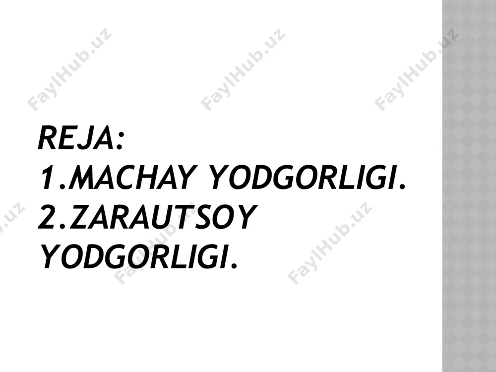 tur va soya uslubida qizil angob (oxra) bilan chizilgan. zarautsoy rasmlarida odamlarning itlar yordamida yovvoyi buqalarni ov qilish manzarasi tasvirlangan. hayvonlar (yovvoyi buqa, it, tulki, yovvoyi choʻchqa, burama shoxli echki, jayran, tog echkisi, hasharot va b.), turli buyumlar (oʻqyoy, nayza, oʻroqsimon qurollar), niqoblangan odamlar va b. oʻziga xos tarzda hayotiy qilib ishlangan. zarautsoy rasmlari ibtidoiy sanʼatning noyob yodgorligi sifatida yodgorliklarni muhofaza qilish «qizil kitob»iga kiritilgan. e’tiborlariz uchun rahmat. image1.jpeg image2.jpeg image3.jpeg image4.jpeg image5.jpeg /docprops/thumbnail.jpeg