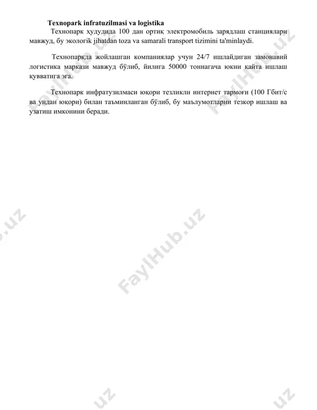 ехнопарк инфратузилмаси юқори тезликли интернет тармоғи (100 гбит/с ва ундан юқори) билан таъминланган бўлиб, бу маълумотларни тезкор ишлаш ва узатиш имконини беради. 📌xulosa texnopark logistikasi samarali ish oqimini ta'minlash, xarajatlarni kamaytirish va yetkazib berish vaqti optimallashtirish orqali texnoparkning umumiy samaradorligini oshirishga qaratilgan. 📚foydalanilgan adabiyotlar 1. технопарк логистикасига оид илмий мақолалар ва монографиялар. 2. технопарк логистикаси бўйича халқаро ташкилотларнинг ҳисоботлари ва тавсиялари. 3. ўзбекистондаги технопаркларнинг расмий веб-сайтларидаги маълумотлар. 4. технопарк логистикасига бағишланган конференция материаллари ва тегишли ахборотлар. 5